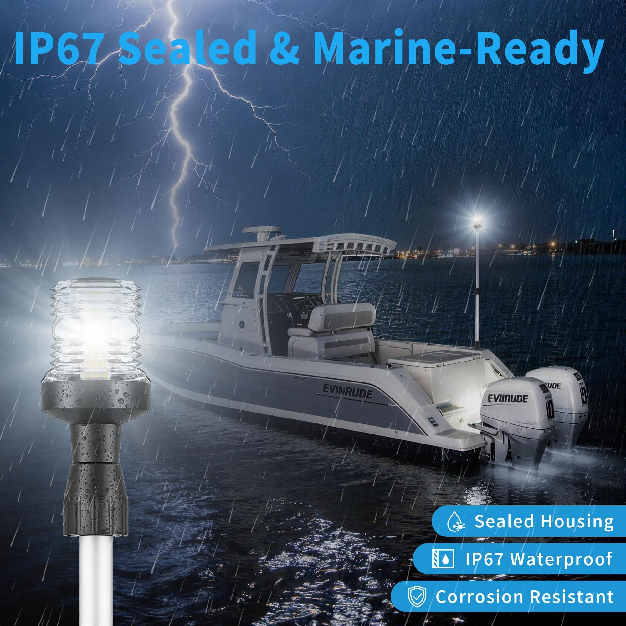 Obcursco Luci di poppa per barche, palo telescopico 3NM 360°, luce di ancoraggio a LED con base, illuminazione di navigazione regolabile da 12 V, per pontone, yacht, basso e barche da pesca (27"-48