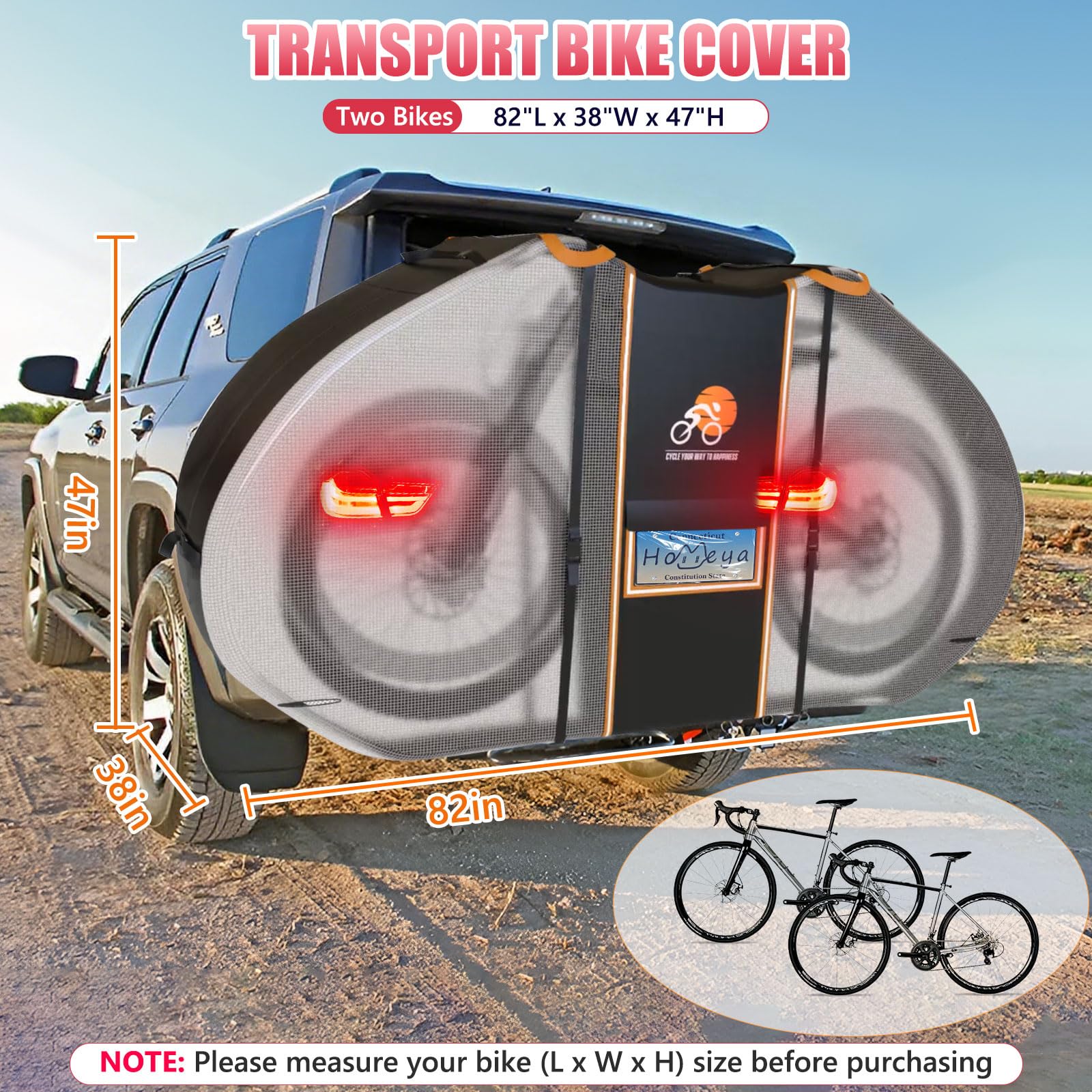 Fahrradabdeckung für Transport von 2 Fahrrädern auf Heckträger, Fahrradabdeckung für den Außenbereich, wasserdicht, strapazierfähiges 600D PU mit sichtbaren Rücklichtern, Kennzeichenfenster