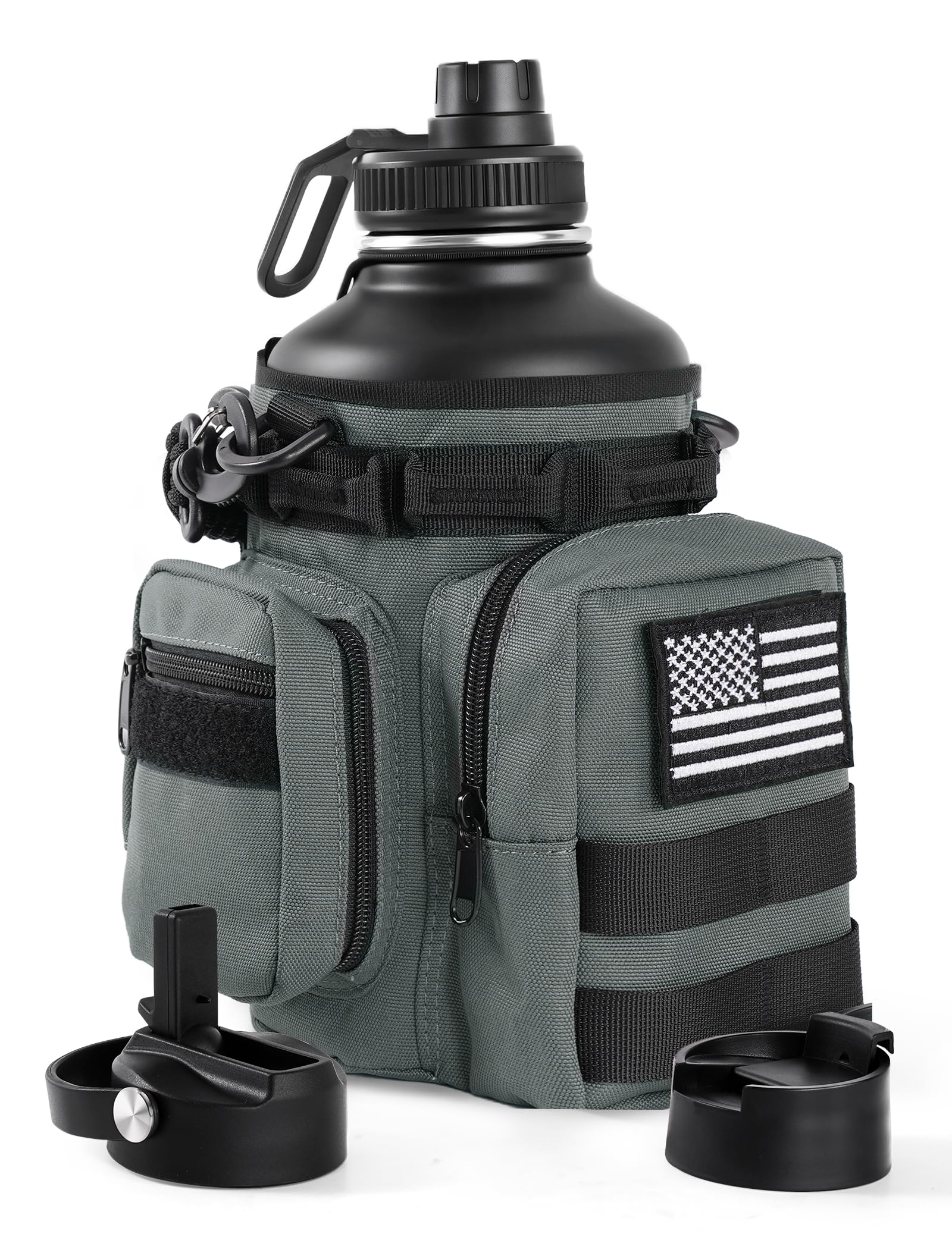 banloga Tactical Half Gallon Water Bottle with Straw, 64 Oz Insulated Water Jug with Molle Water Bottle Holder, Stainless Steel Sport Bottle with 3