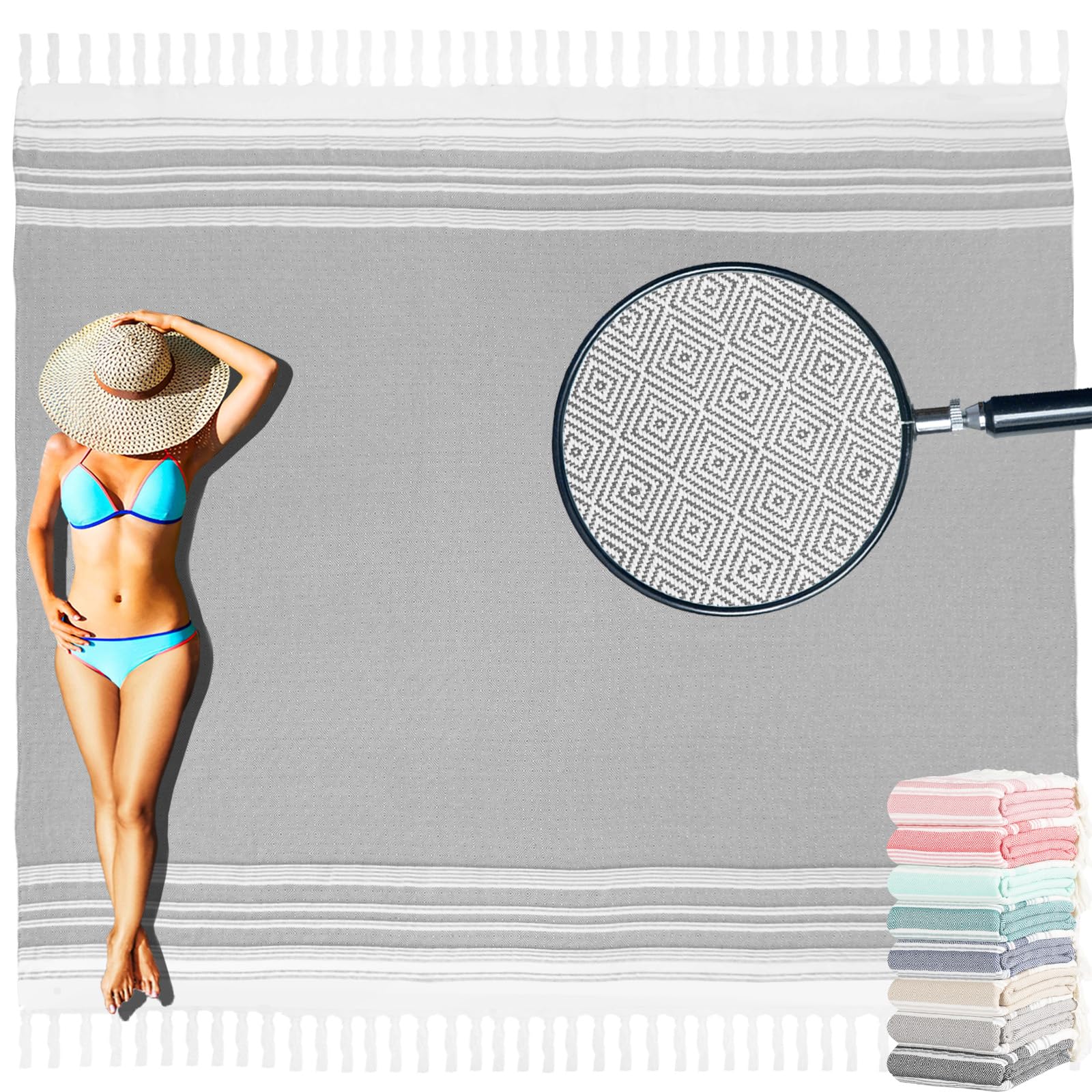 Yongoes Turkish Beach Towel Blanket Oversized 82x88 Light Grey Boho