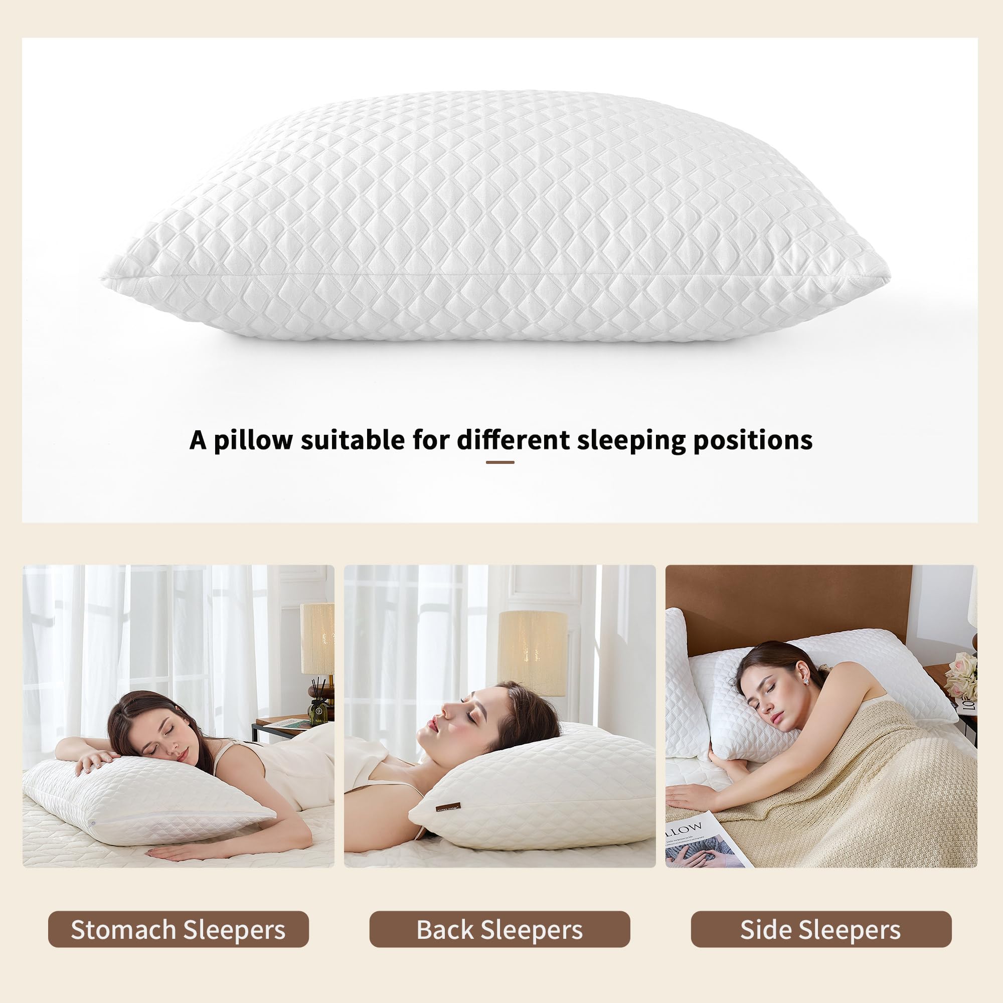 Set Of 2 Adjustable Memory Foam Bed Pillows – Shredded Foam, Cooling Cover, For Side/Back/Stomach Sleepers
