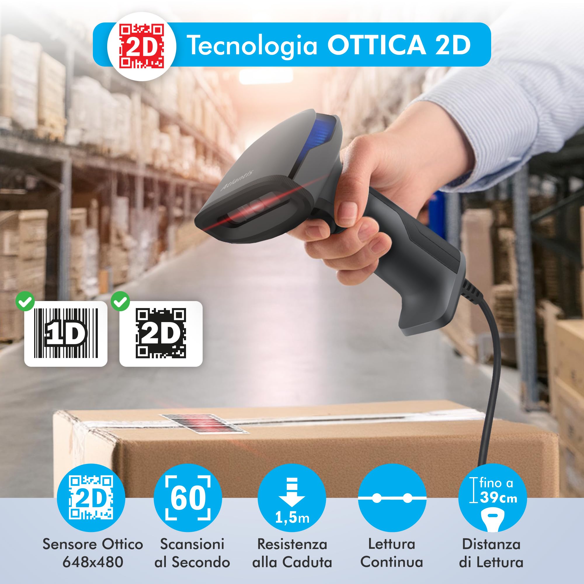 Atlantis A08-LD230P-2D Lettore Codici a Barre Barcode reader scanner 1D e 2D Ottico Prof (640x480), 60 fps, legge da smartphone e display, codice farmaceutico, collegamento USB, guida rapida
