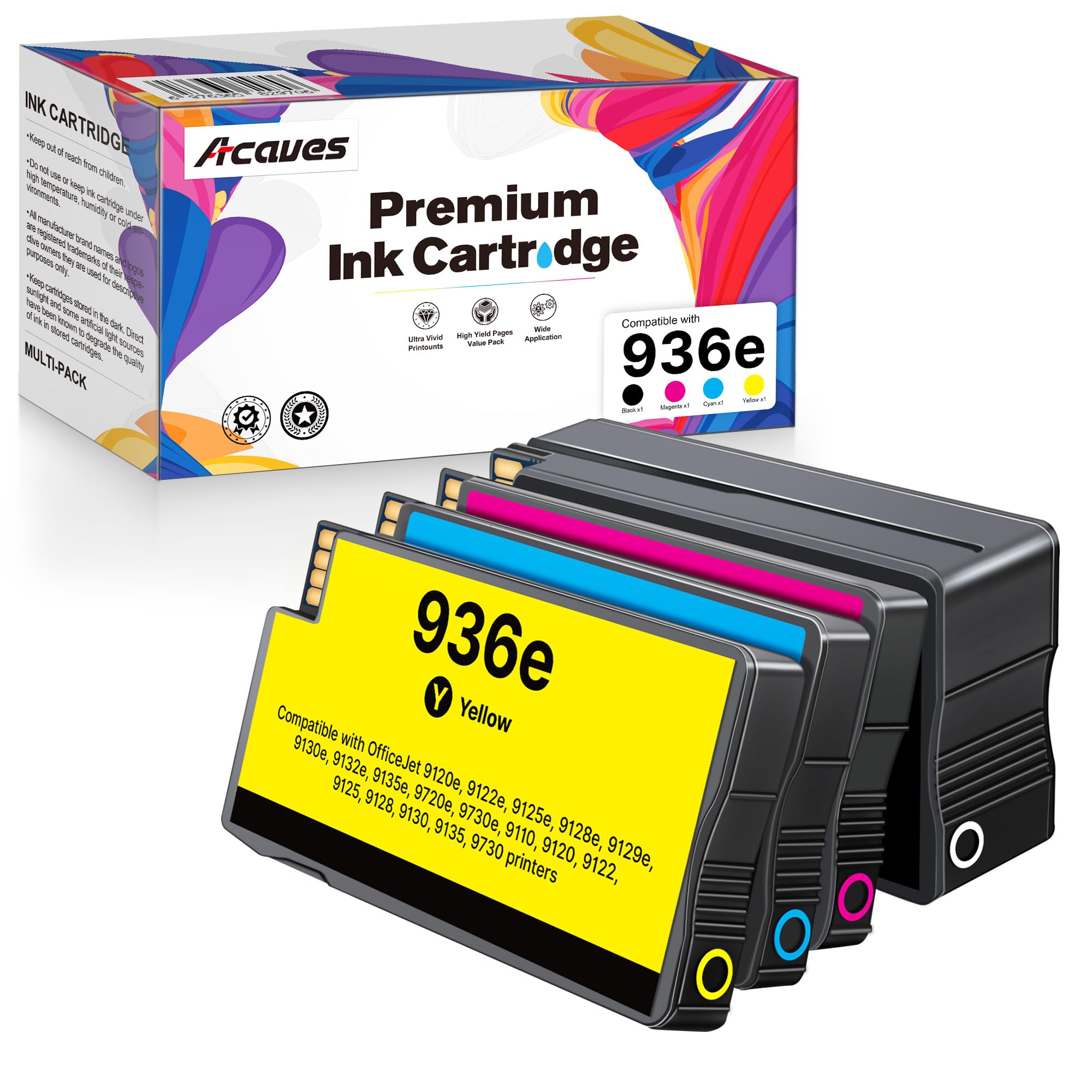 Photo 1 of Acaves 936XL 936 Ink Cartridges for HP Printers Compatible Ink Cartridge Replacement for HP 936 936e, Works with OfficeJet Pro 9125e, 9120e, 9135e, 9730 Printers, 4 Pack (Black, Cyan, Magenta, Yellow)