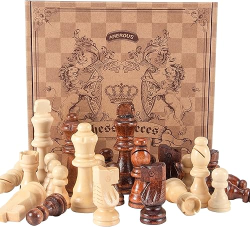 Miniatura 7 de AMEROUS Piezas de ajedrez de madera solamente, 32 pies/ 3.05 pulgadas King/bolsa de almacenamiento/paquete de regalo, juego de ajedrez estándar de
