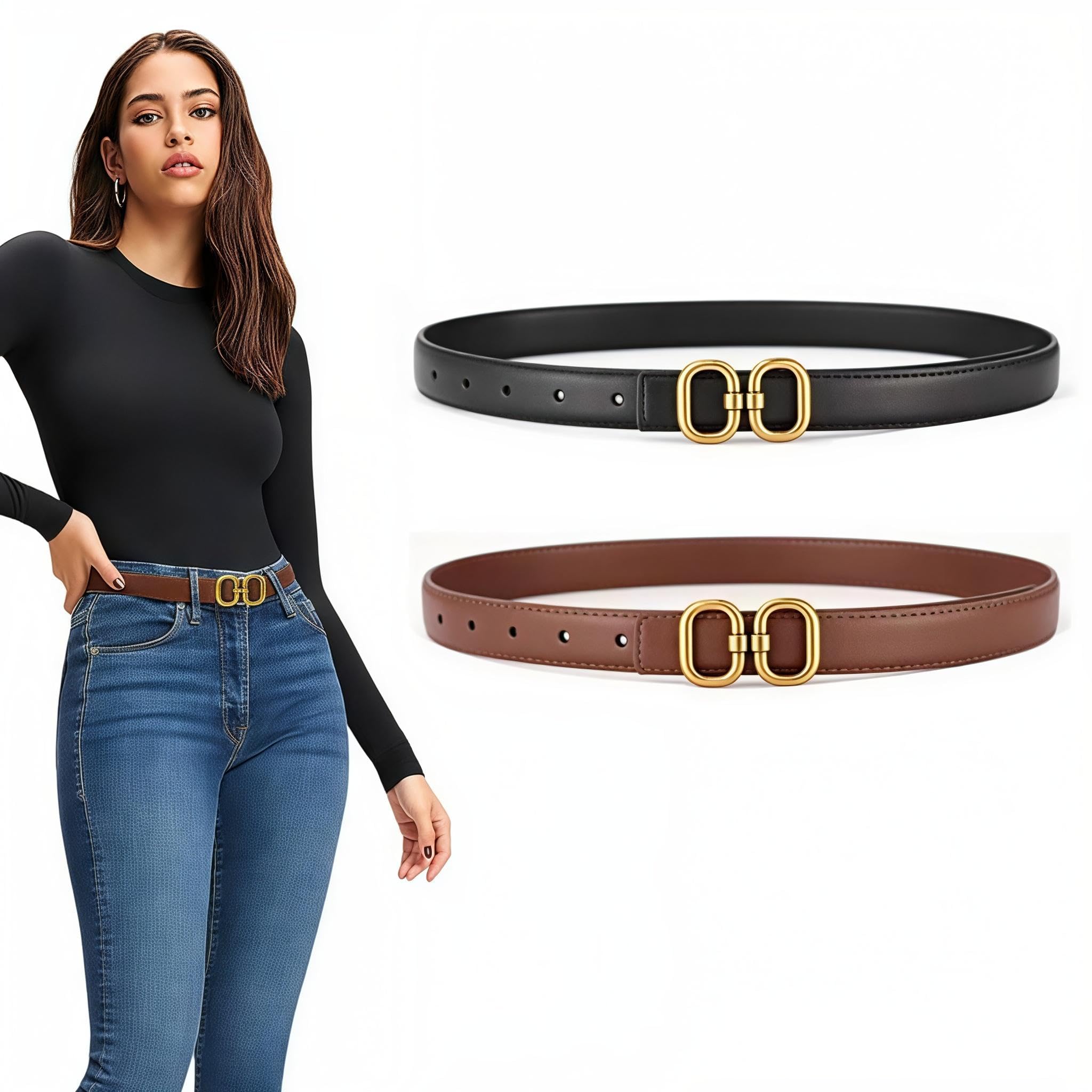 2Pcs Leather Belt for Women with Gold Buckle Ladies Leather Belt for Jeans Pants - Black & Brown