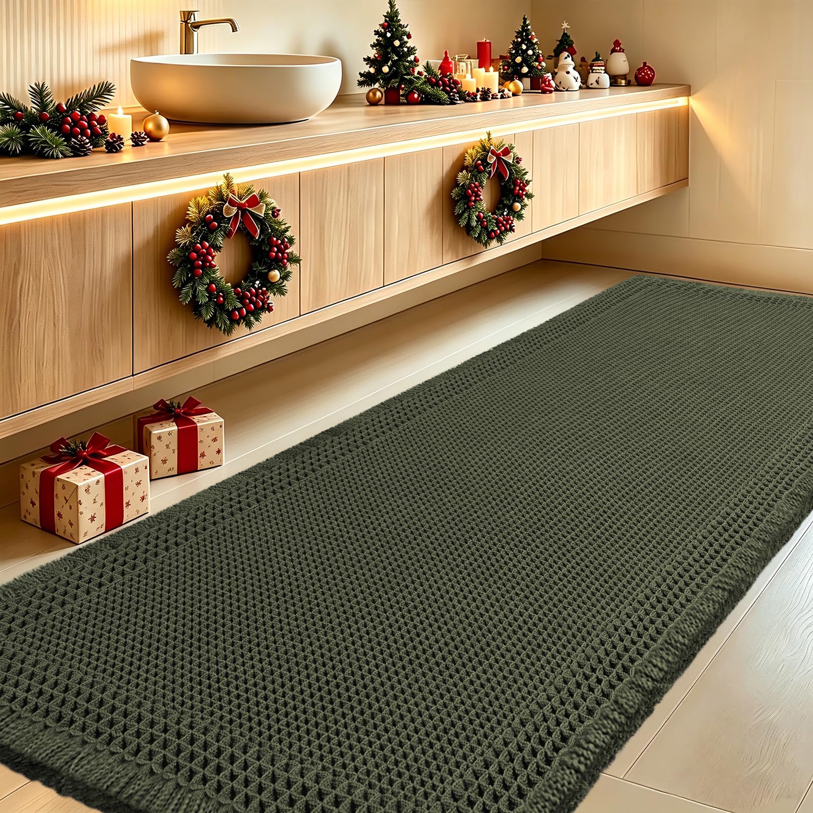 Extra Large Waffle Bath Mat, Boho Woven Modern Bath Rug Absorbent Non Slip, Ultra Soft Bathroom Mats, Machine Washable Knit Bath Rugs with Border for Bathroom, Bedroom, Kitchen, 6'x2', Dark Green