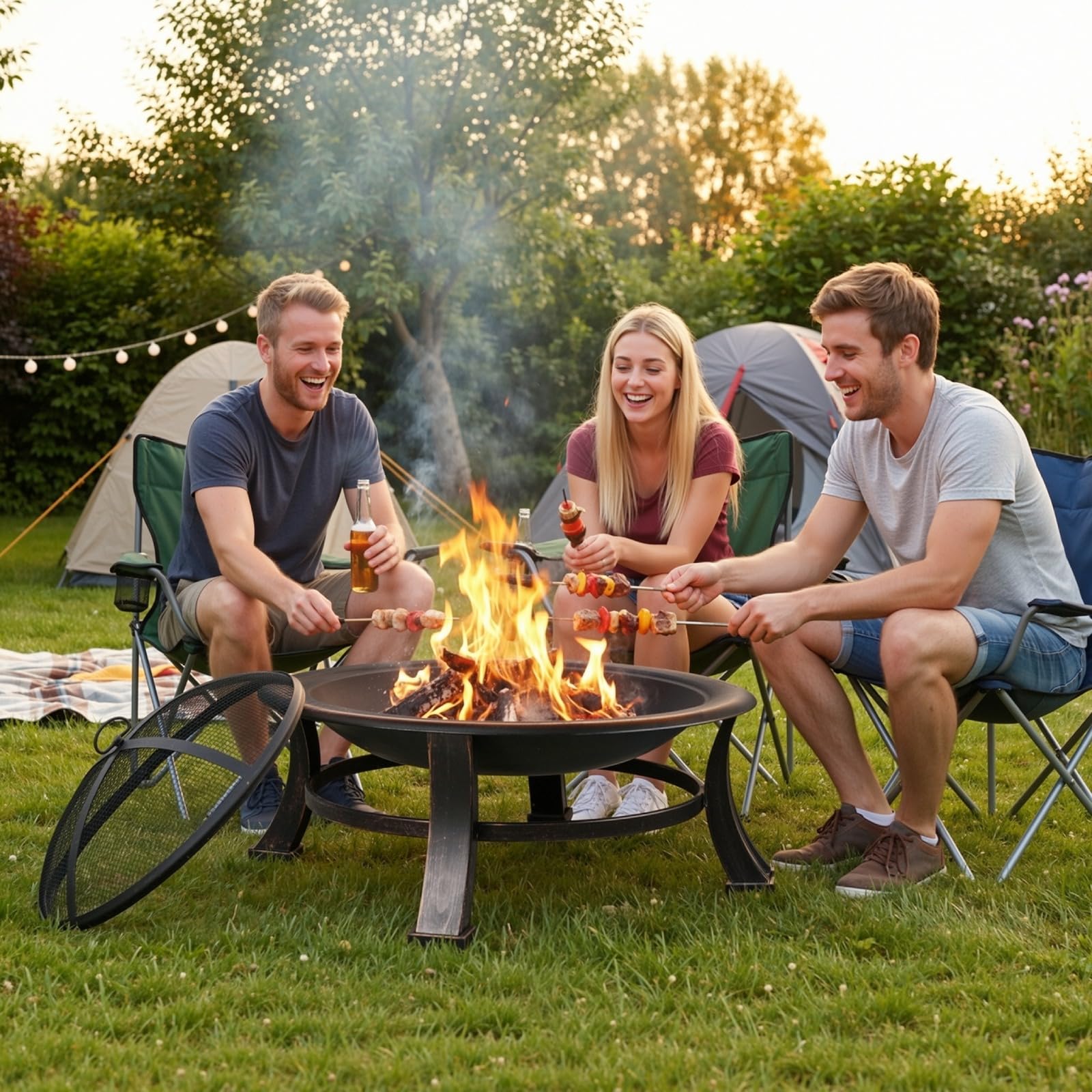 TLGREEN Brasero Exterieur Jardin, Ø 76 cm Pozo de Fuego con Protector de Chispas y Atizador, Brasero Barbacoa con Rejilla para Jardín y Terraza, Parrilla Brasero al Aire Libre de Aspecto Retro