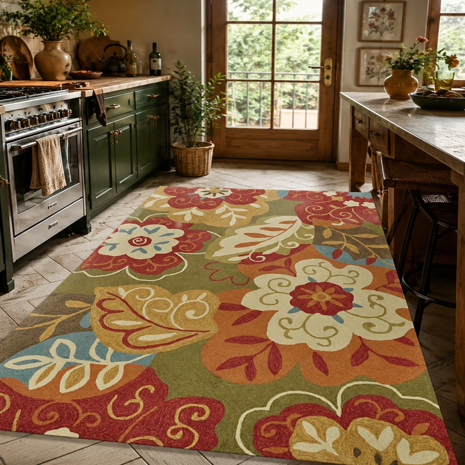 Tappeti di zona, 80 x 160 cm, Floreale orientale Verde Rosso Beige Marrone Blu, Tappeto Lavabile, Rugs Decorativa per Tavolino Salotto, Armadio Camera da Letto,