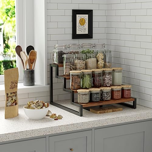 Miniatura 8 de Waissdea Soporte elevador de exhibición de madera, estante elevador de exhibición de madera, estante de encimera de cocina, organizador de especias,