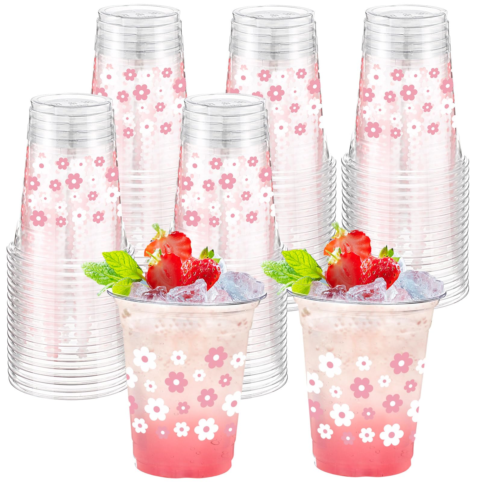 Funnymoom 60 Pack Daisy Birthday Plastic Cups 12 oz Pink White Boho Flower Disposable Clear Plastic Drinking Cups Bulk for Groovy Party Supplies