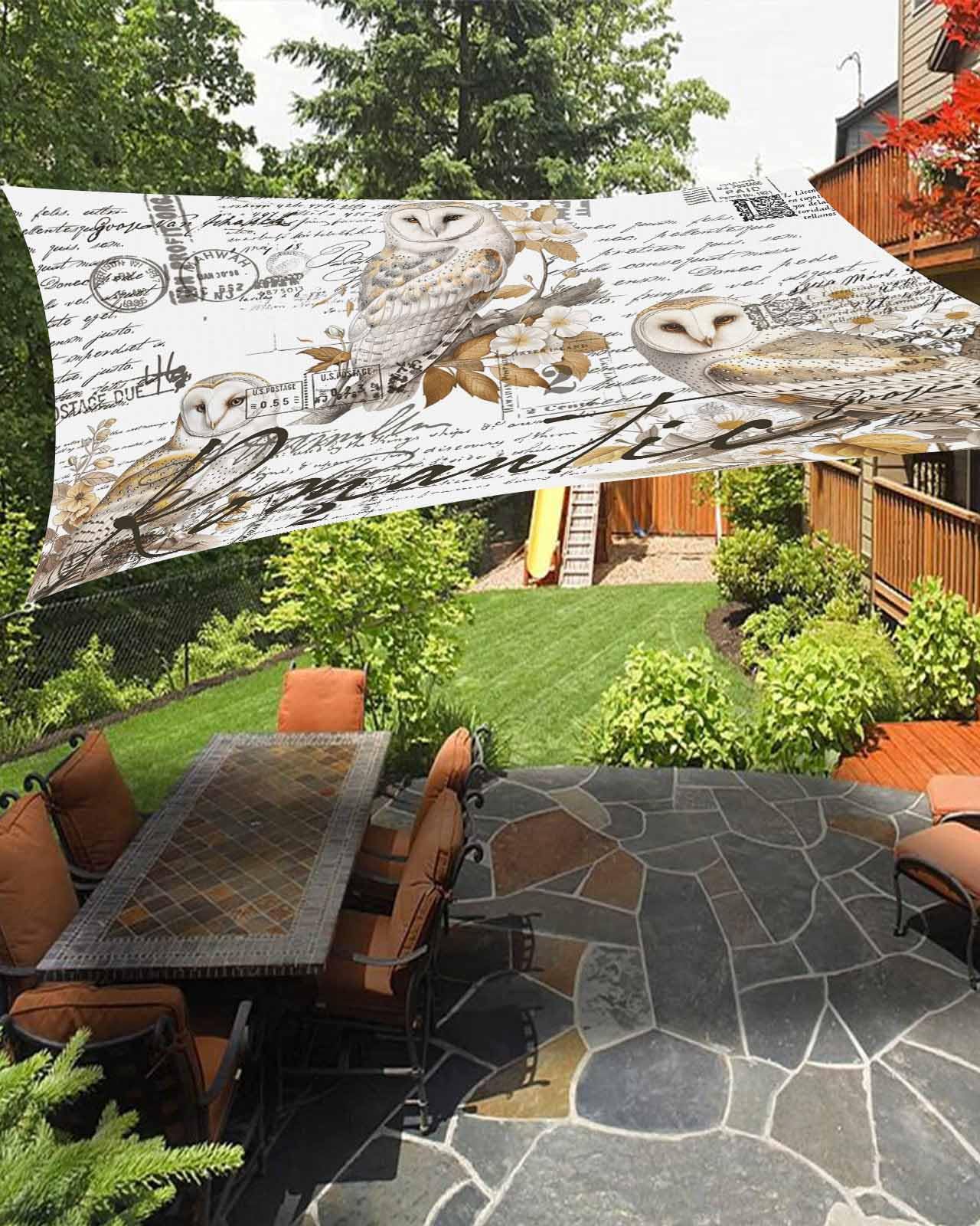 Boanket Sun Shade Sail 12' x 16', Vintage Owl Sun Blocking Shades Privacy Outdoor Covering, Rustic Sping Floral Botanical Postmark Shade Cloth for Patio Deck Terrace Garden Lawns Beach Backyard