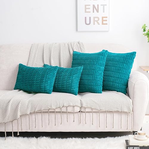 Miniatura 8 de HWY 50 Juego de 2 fundas de cojín decorativas de pana verde azulado de 16 x 16 pulgadas, fundas de cojín bohemias a rayas suaves para sofá, cama y