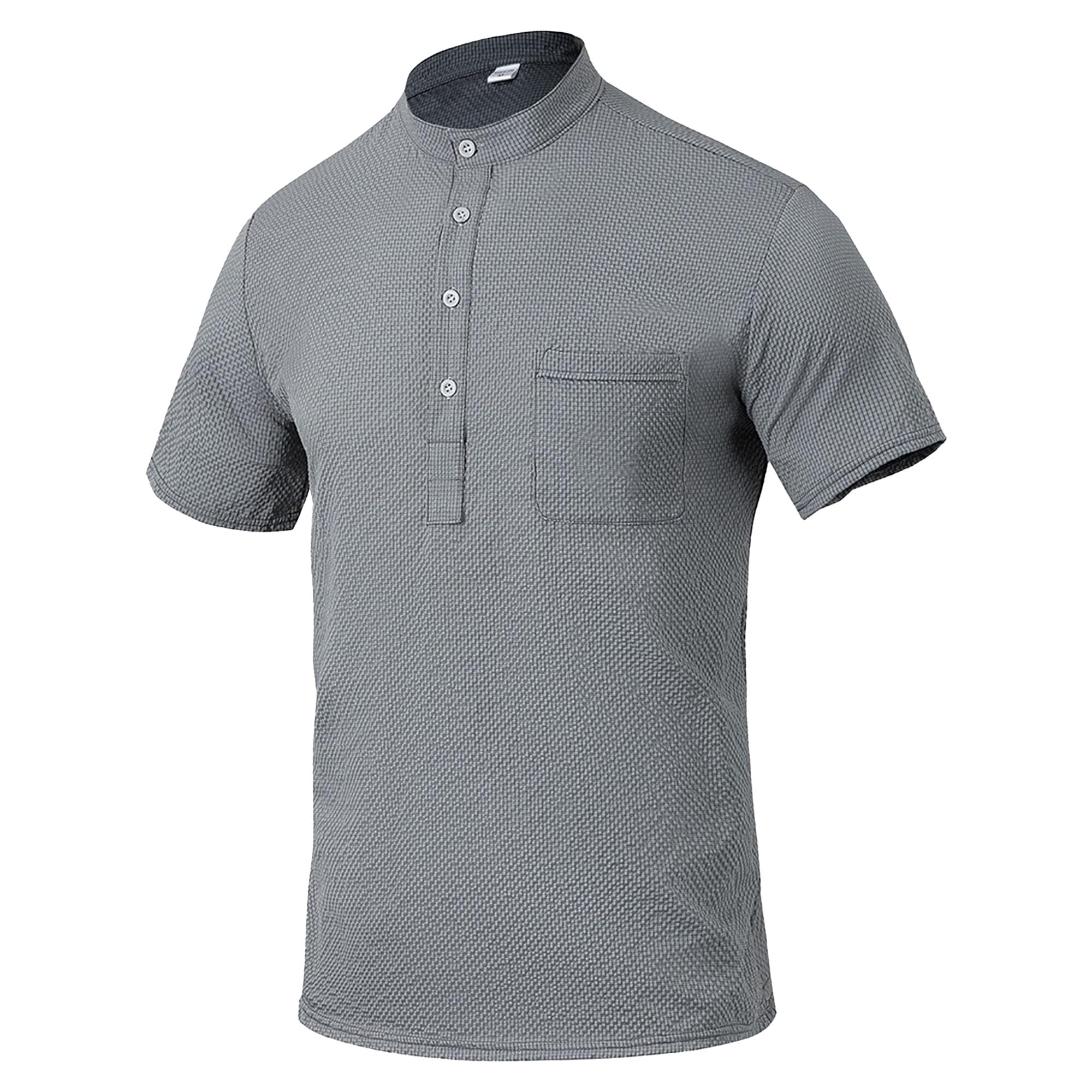 Zylphorix Men Quarter Button Short Sleeve T-Shirt Stand Collar Breathable Plaid Shirts Summer Cozy Workplace Polo Pullover (Dark Grey,Medium)