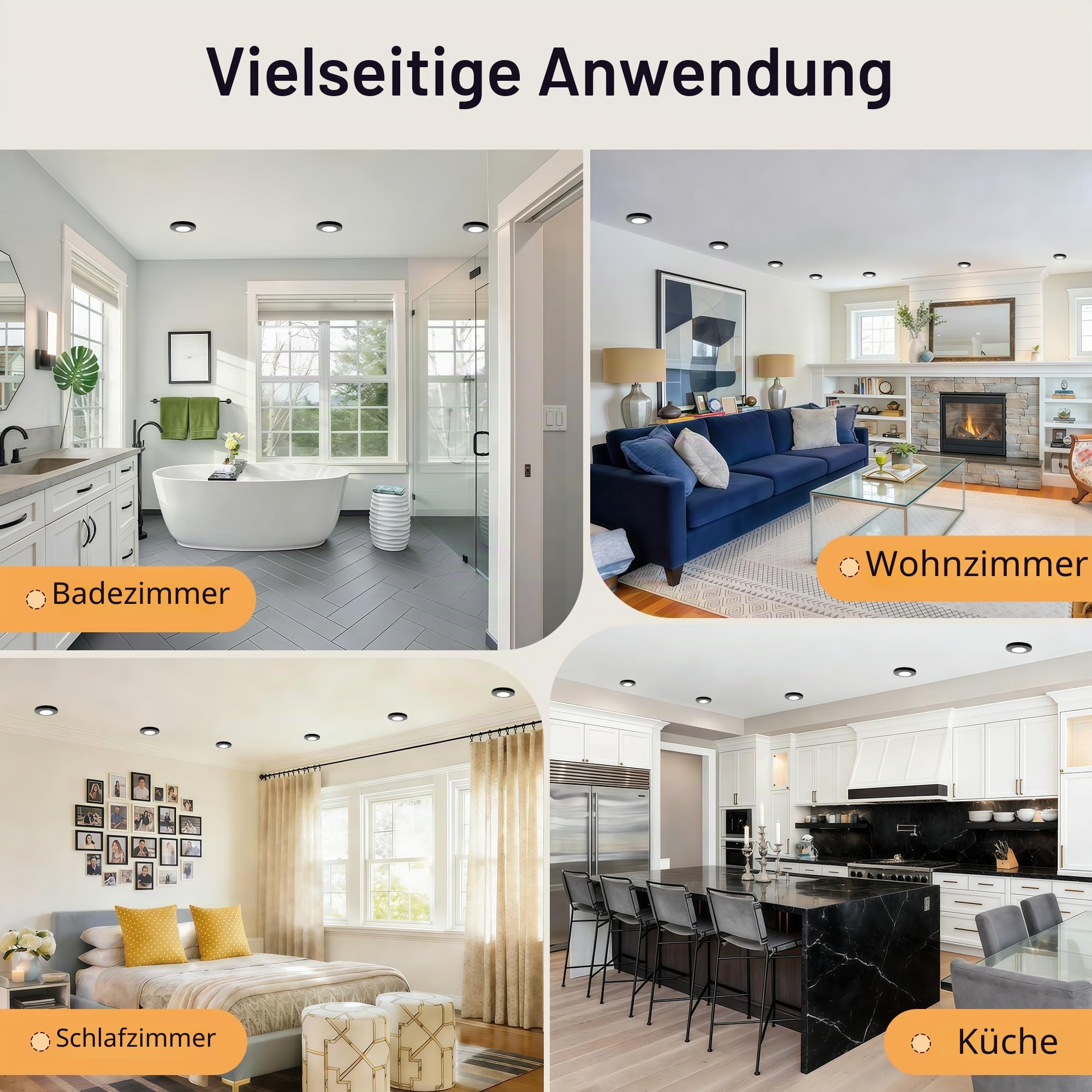 10er Set GU10 Einbaurahmen IP65 Wasserdicht, Einbaustrahler Metallgehäuse Rund Schwarz, Feuchtraum Einbauleuchten 55–70mm Lochmass, Bad Küche Deckenspot inkl. GU10 Fassung, Ohne Leuchtmittel