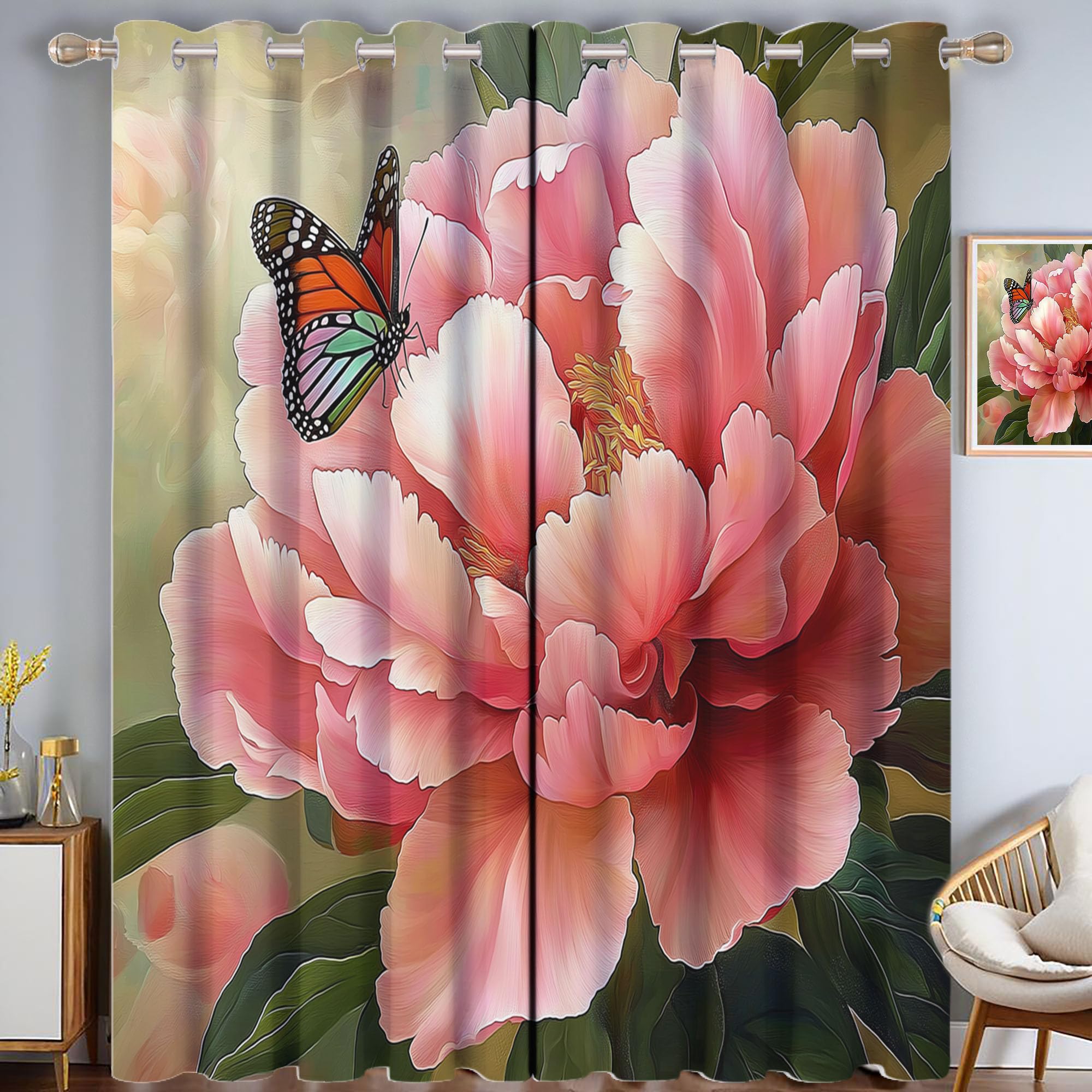 Rideau occultant et isolation thermique à œillets 140x200 motif fleur de pivoine