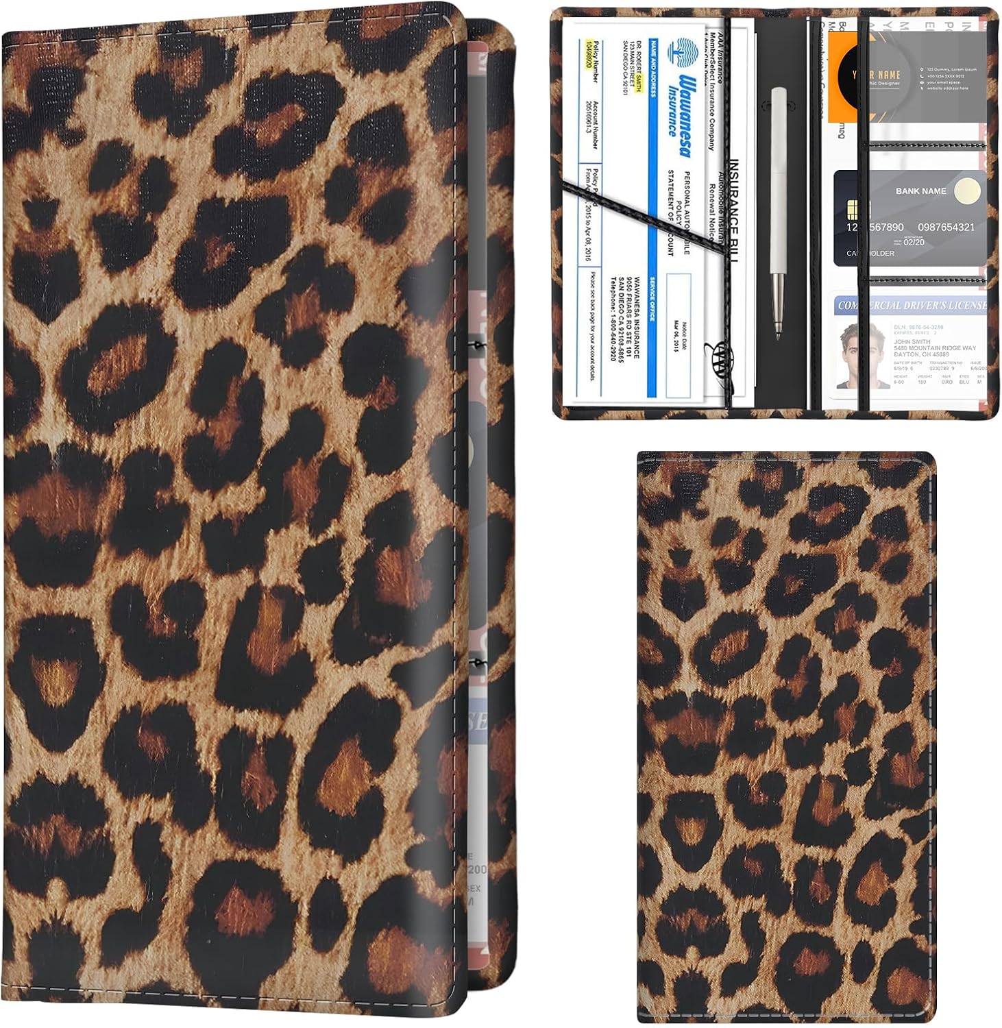 Car Registration and Insurance Holder with Magnetic Shut, Cute Vehicle Glove Box Car Organizer, Premium Interior Car Accessories for Women Men Luxury Brown Leopard