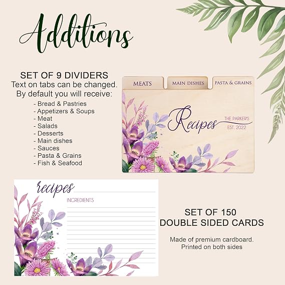Custom Wooden Recipe Box with Dividers & Cards - Personalized Recipe Card Organizer with Flowers Anniversary Gift for Wife, Bridal Shower Gift for Daughter