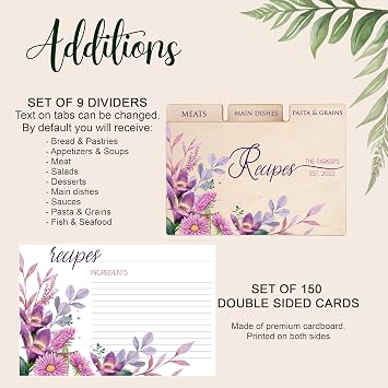 Custom Wooden Recipe Box with Dividers & Cards - Personalized Recipe Card Organizer with Flowers Anniversary Gift for Wife, Bridal Shower Gift for Daughter