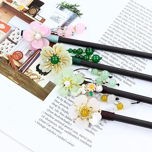 Miniatura 7 de inSowni 8 piezas vintage retro asiático, japonés, chino, tradicional, Hanfu con flores de madera con colgantes de cuentas, horquillas para el