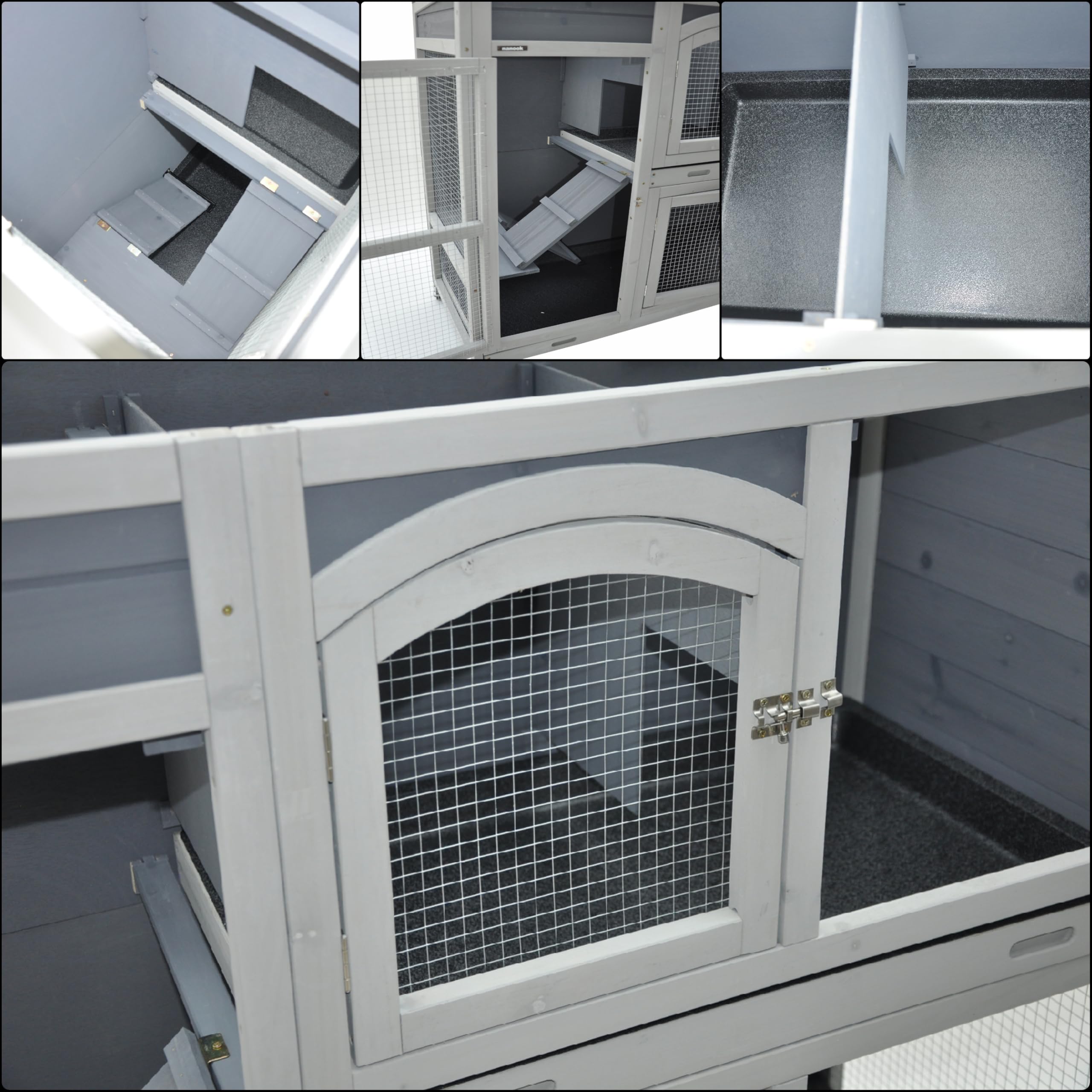nanook Indoor Kleintierstall Hamster Meerschweinchenstall Zwergkaninchen seitliche Aufgänge für mehr Platz - lasiert - feststellbare Rollfüße - praktische Dachöffnung - 111 x 45 x 107 cm - grau
