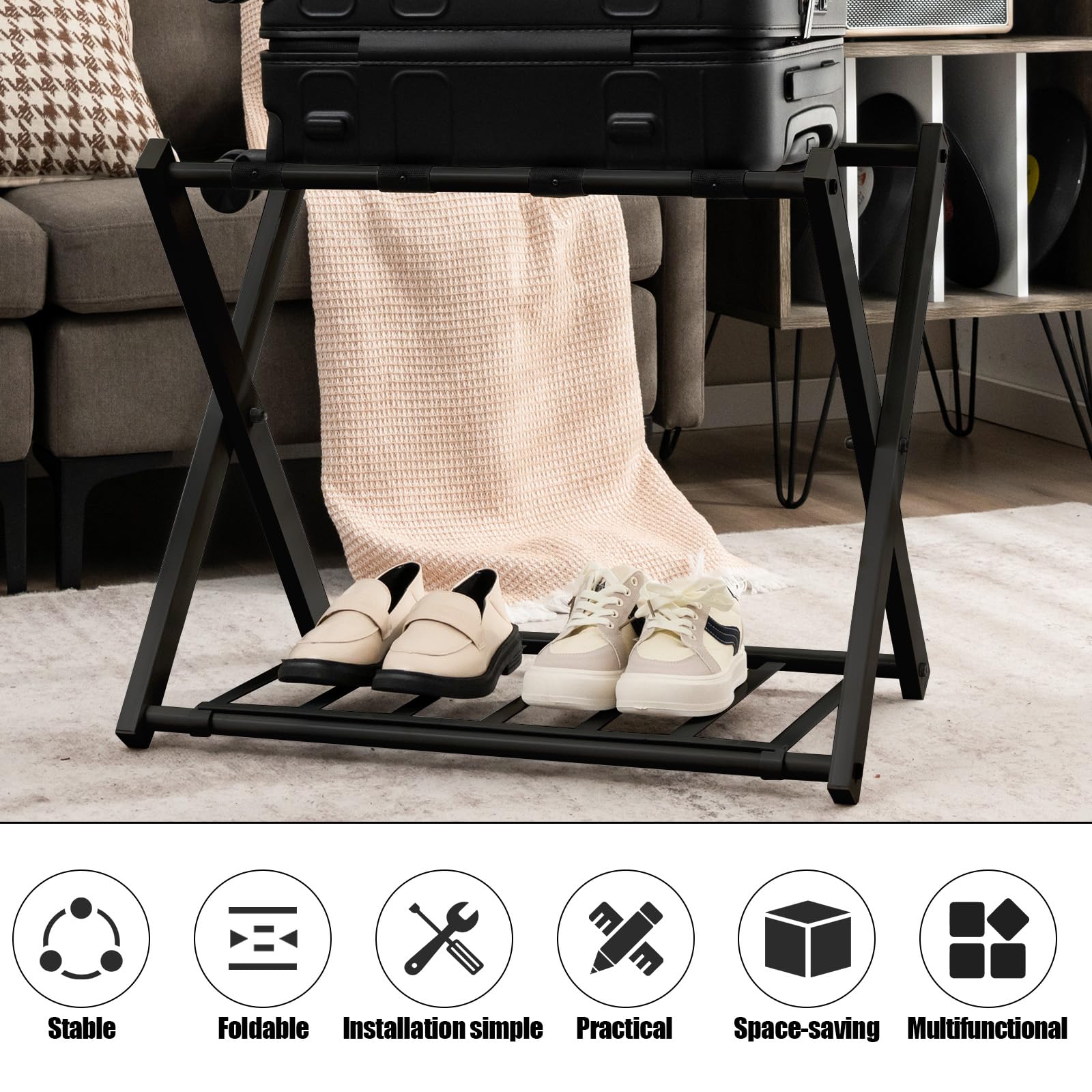 HOMASIS 2 Portavaligie Pieghevole 2 Sgabelli Reggivaligia in Metallo 68 x 43 x 56 Nero