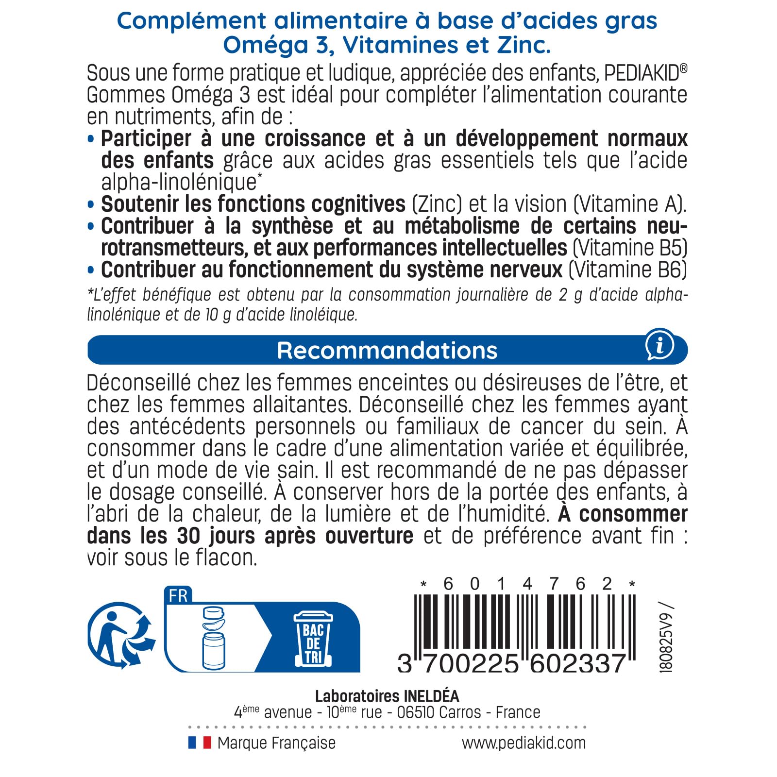PEDIAKID - Gommes Oméga 3 - Formule Naturelle au Délicieux Arôme de Citron - Soutient les Fonctions Cognitives - Favorise la Croissance et le Développement Cérébral - Lot de 3 piluliers