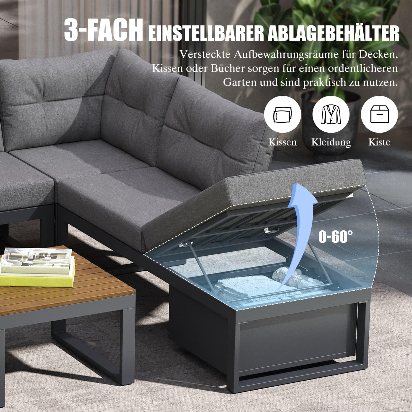 KOMHTOM Ensemble Salon de Jardin Extérieur Modulable – Canapé d'angle avec Tables Basses, Dossier Inclinable pour Terrasse, Balcon et Patio (Gris-B)