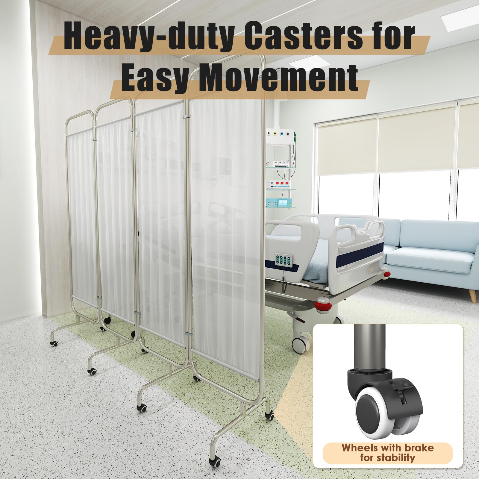 Brise-vue médical, 4 rideaux pliables de séparation de pièce sur roulettes 200 x 180 cm en acier inoxydable pour hôpitaux, maisons de retraite, station médicale temporaire