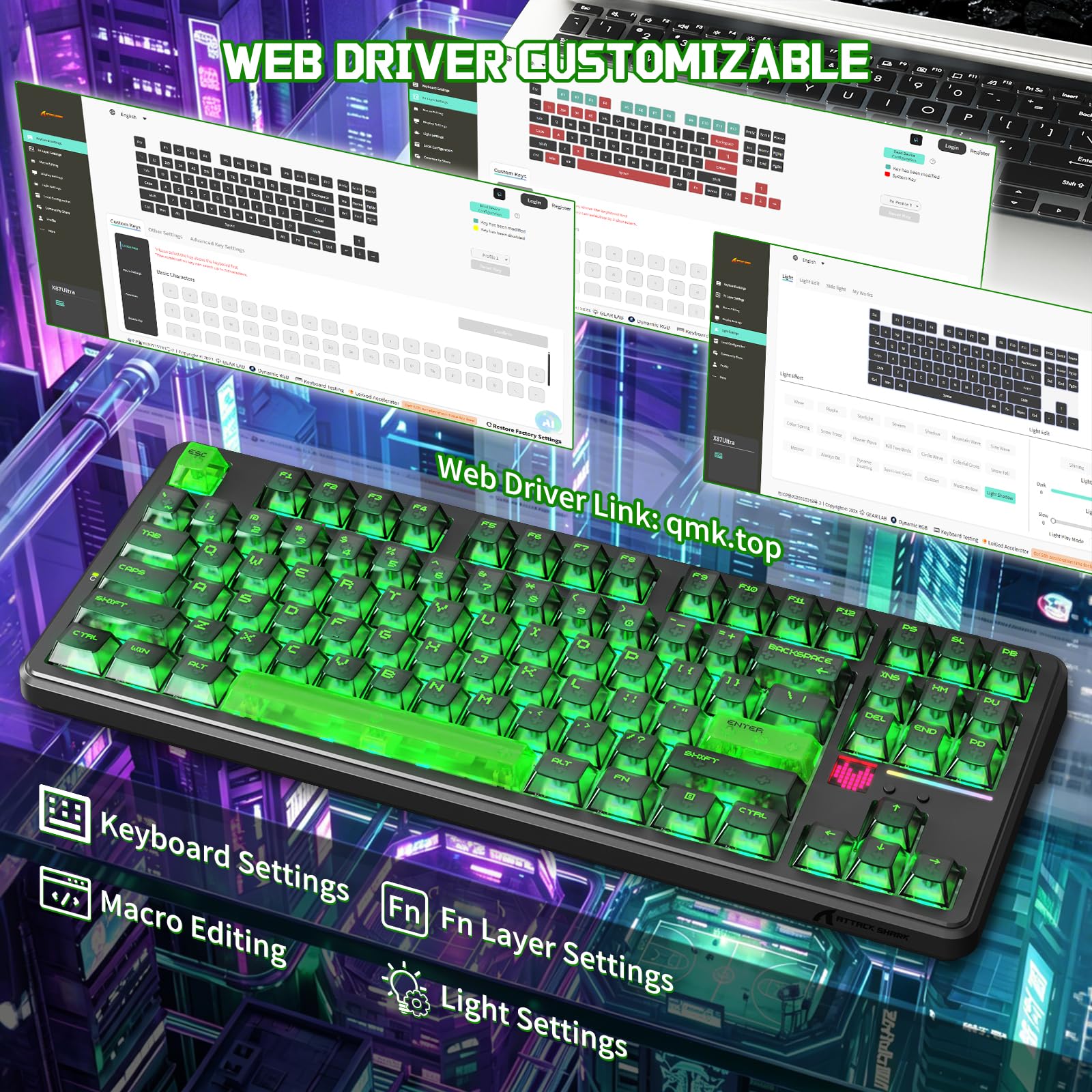 ATTACK SHARK X87 ULTRA Teclado Mecánico Inalámbrico Para Juegos Con Pantalla De Matriz De Puntos, BT/2,4 GHz/con cable, 75% Hot-swap, 10000mAh, RGB, Receptor Inalámbrico Shark Fin, PC/Mac, Shadow Jade