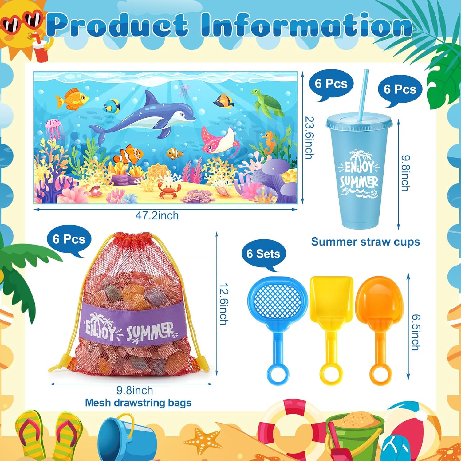 Honeydak 36 pcs Pool Beach Party Favors for Kids End of Year Gift Summer Mesh Drawstring Bag Tumbler Beach Towels Shovels Bulk for Pool Games Birthday Party Decor Summer Graduation Student Gifts