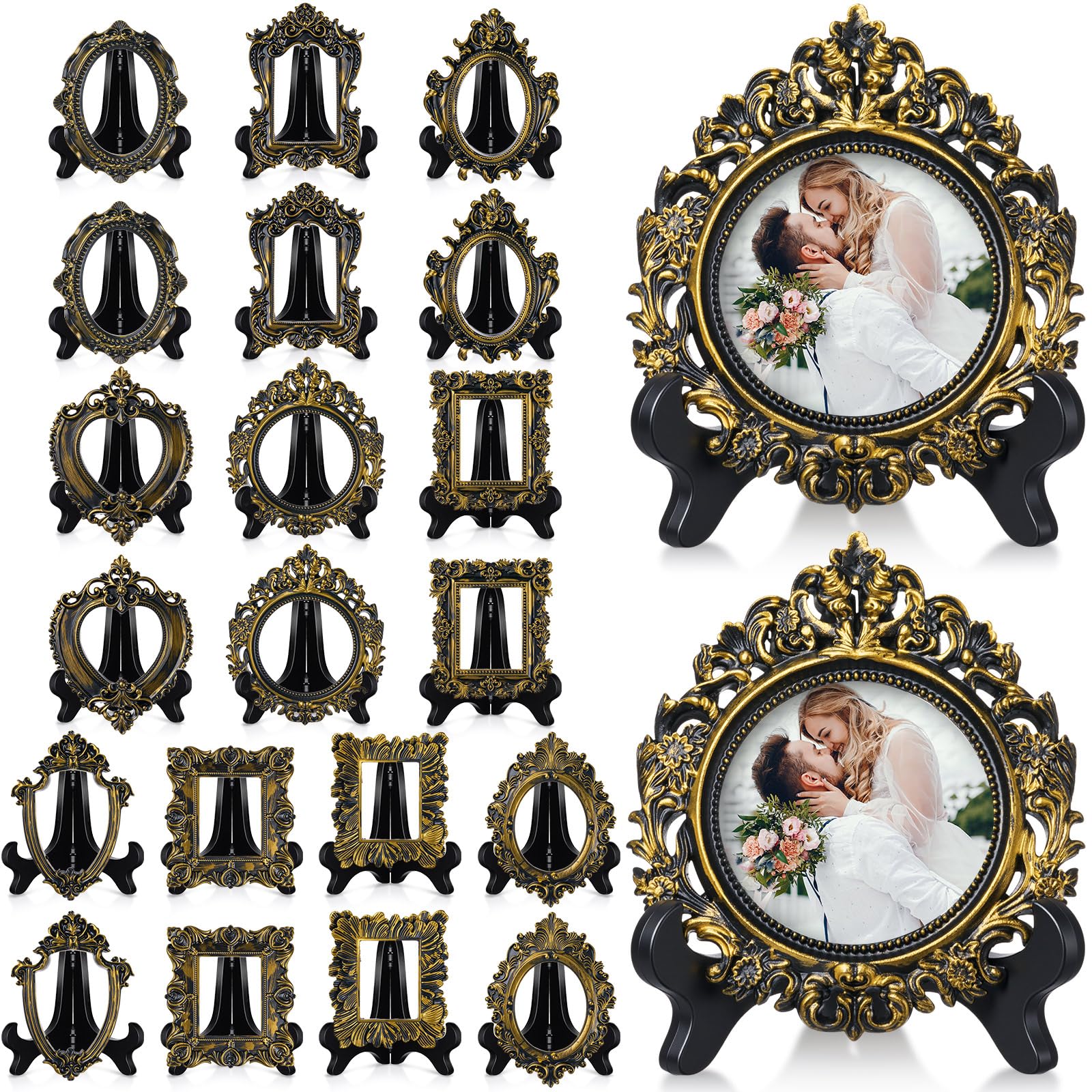 Tatuo 20 Sets Mini Picture Frames and Display Stands Vintage Resin Picture Frame Resin Holder for Home Office Bedroom Living Room Wedding Decor (Black