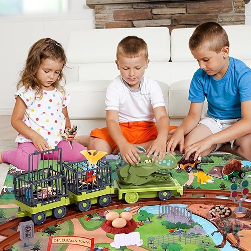 Miniatura 5 de Juego de tren de dinosaurios para niños, juguete de tren de dinosaurio con locomotora eléctrica y pista, 3 autos de tracción, huevos de dinosaurio,