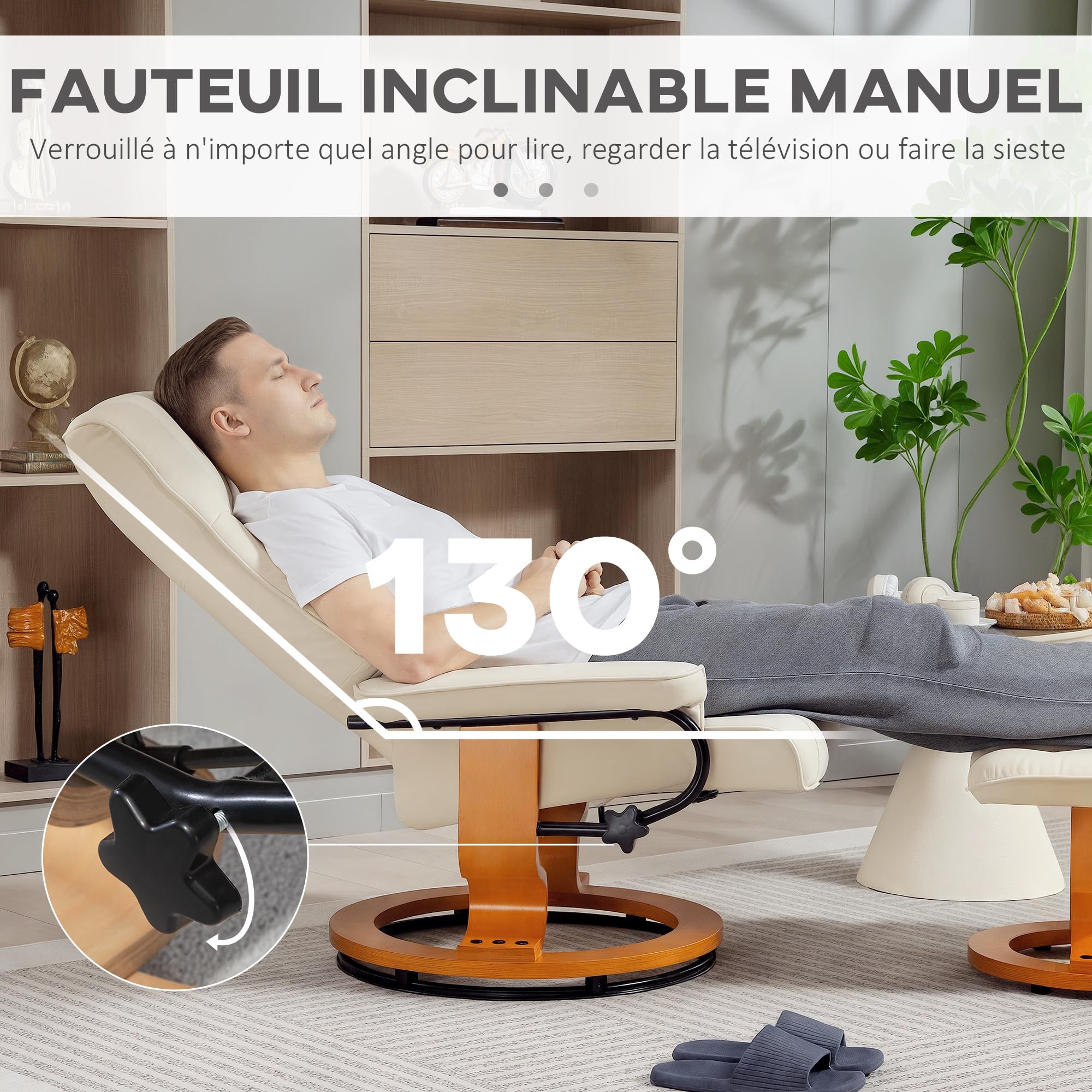 HOMCOM Fauteuil de Relaxation inclinable avec Repose-Pied Fauteuil Relax de Salon pivotant, Cadre en Bois revêtement synthétique 76 x 85 x 104 cm crème