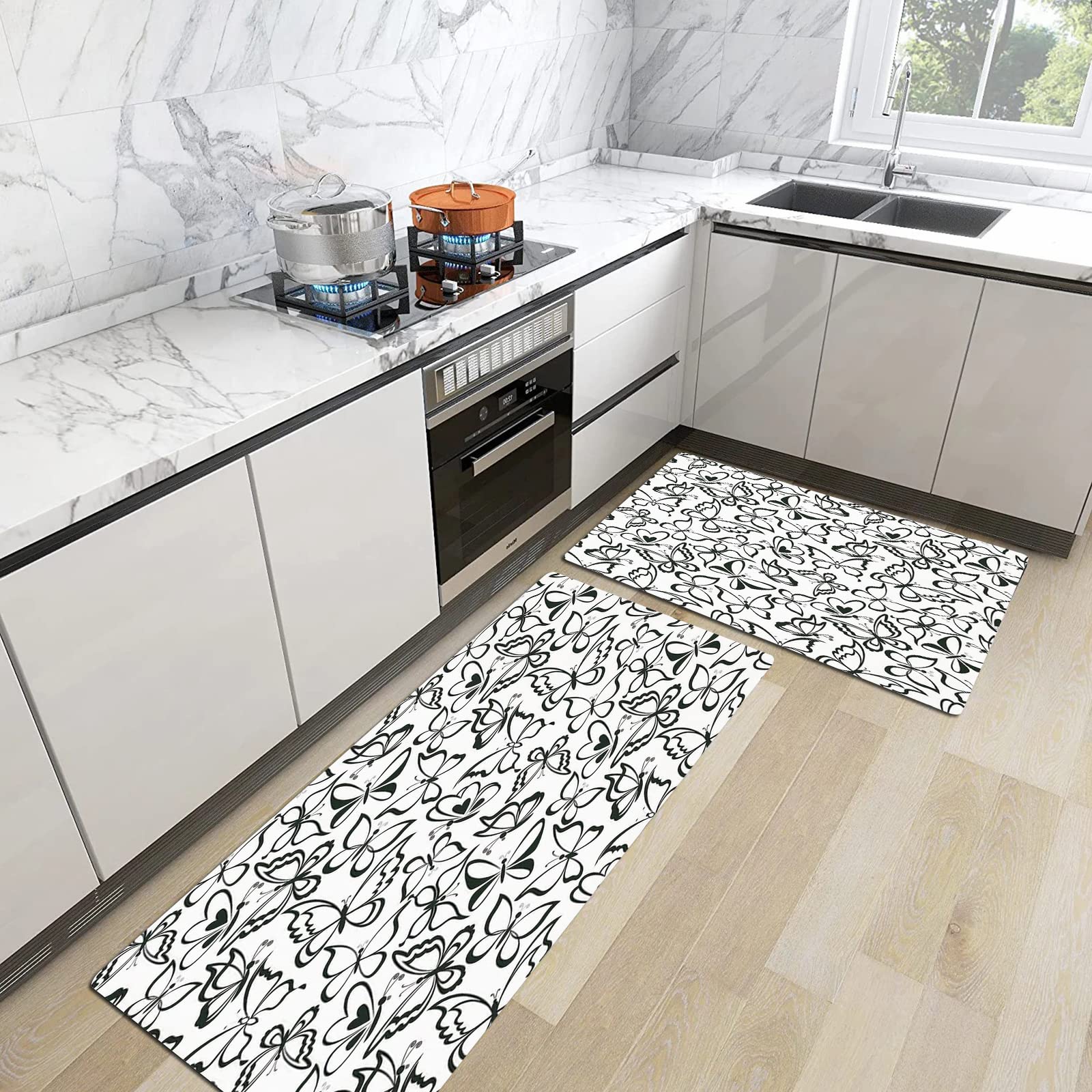 2 Piece Kitchen Mats Rug Set,Animal Decor,Butterfly Pattern Freedom Sign Sacred Feminine Artful Illust,Kitchen Mats And Rugs, Non-slip, Oil Resistant Floor Mats for Kitchen, Office 45x70 cm+45x120 cm
