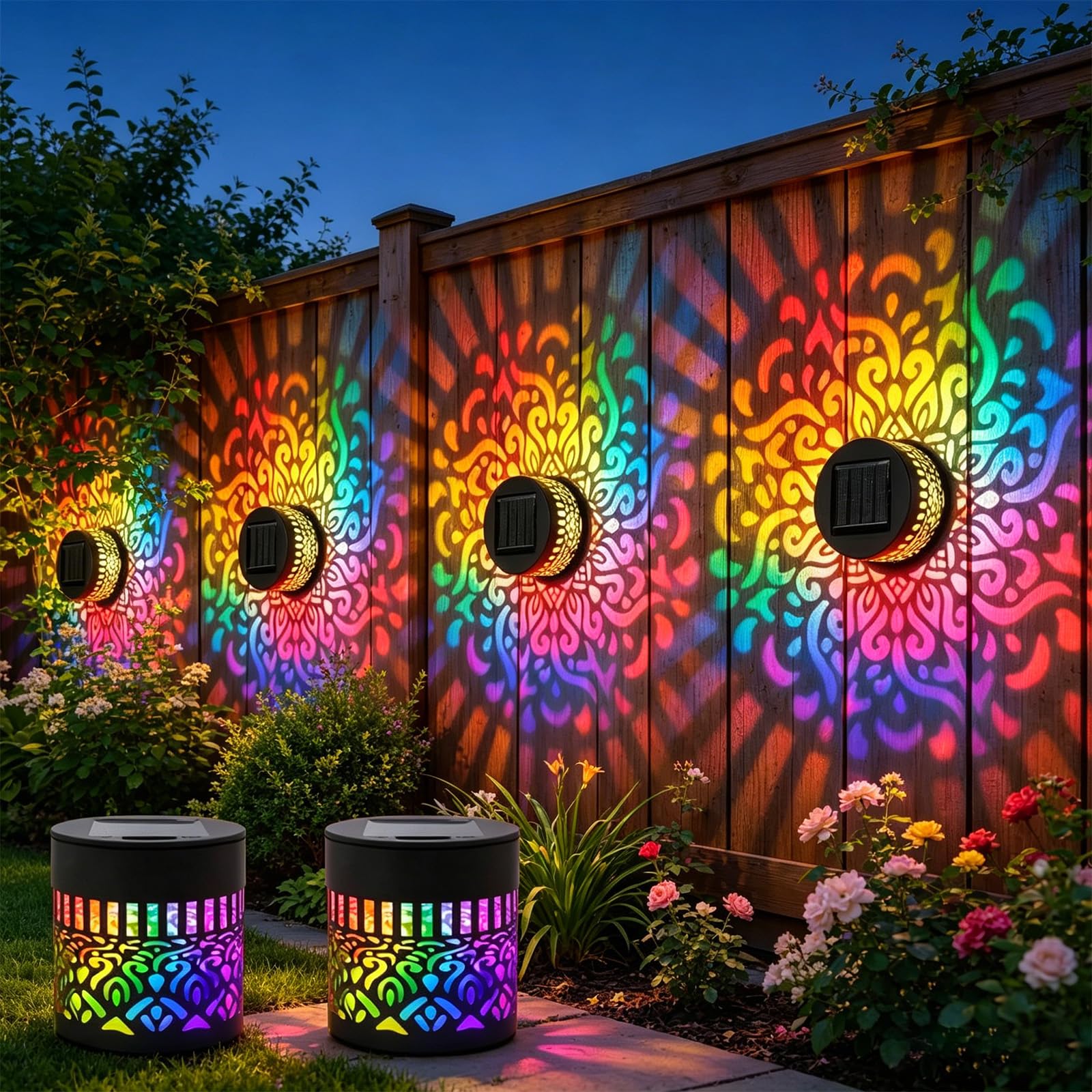 GHRATSA Solar Mandala Wall Lights, Mandala Solar Lights, Color Changing Decorative Projection Lamp, Ip65 Waterproof, Perfect for Courtyard, Garden and Patio (2 PCS)