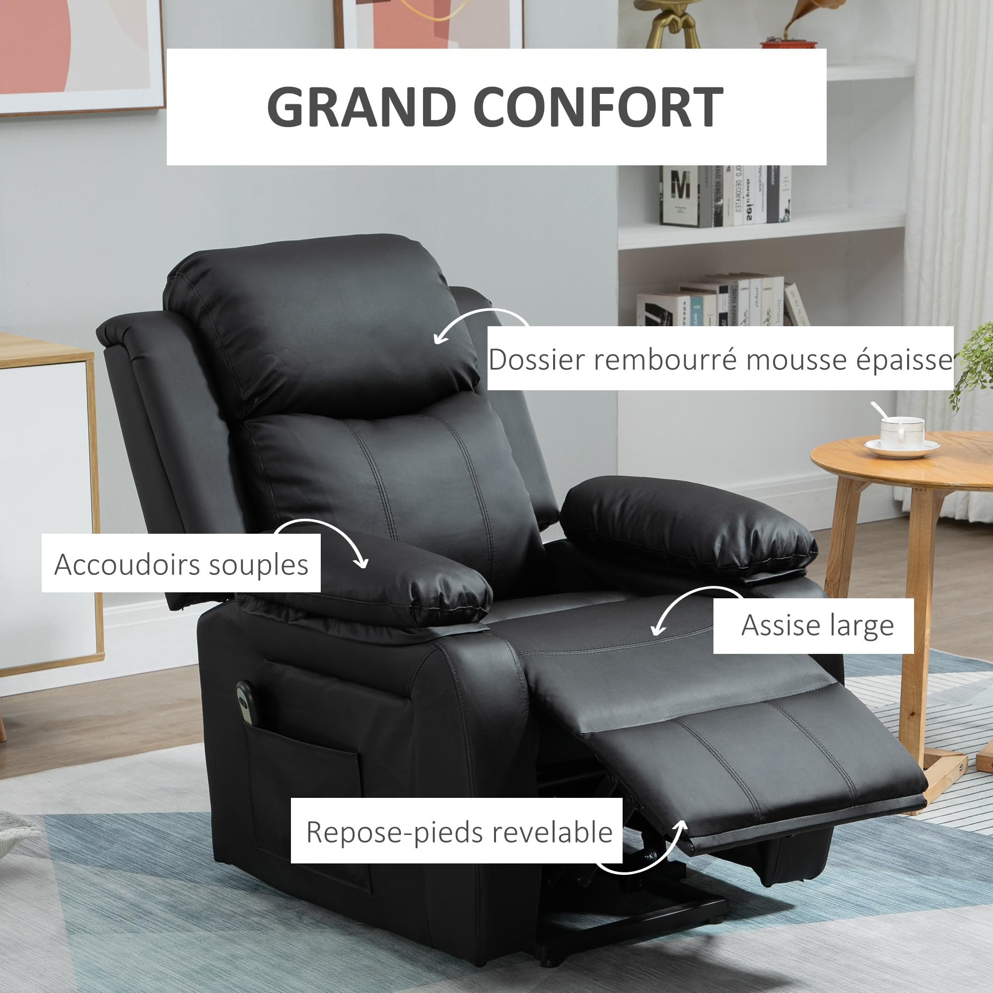 HOMCOM Fauteuil releveur électrique, Fauteuil Relax électrique avec Repose-Pied Ajustable, Dossier inclinable, télécommande, Poche latérale, pour Personnes âgées, Noir