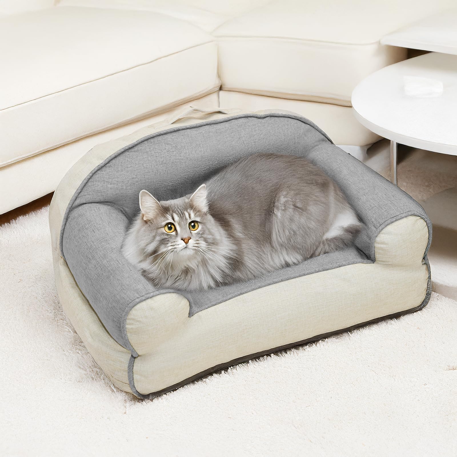 pettingzoo Fluffy Cat Sofa for Indoor Cats, Dog Bed for Small Dogs,Cat Couch Bed with Removable Washable Cover, Cute Dog Sofa Bed with Non-Slip Bottom,Pet Beds for Cats and Dog (Grey, Medium)