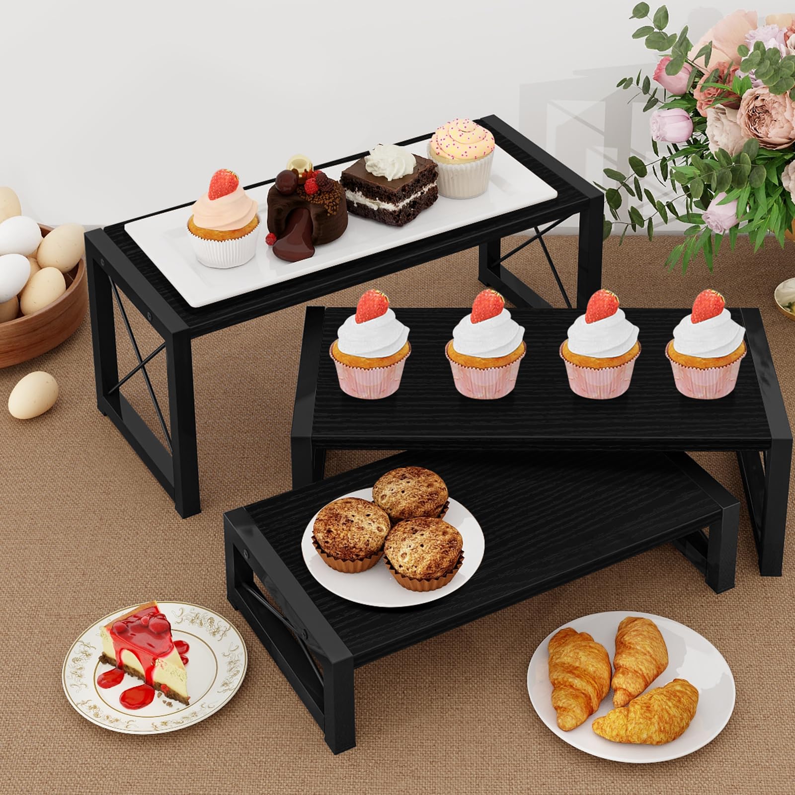 ELITEROO Soporte de exhibición de 3 niveles para cupcakes y postres de madera, color negro, elevador de varios niveles para cupcakes, alimentos, perfume, maquillaje, muñecas, coleccionables y