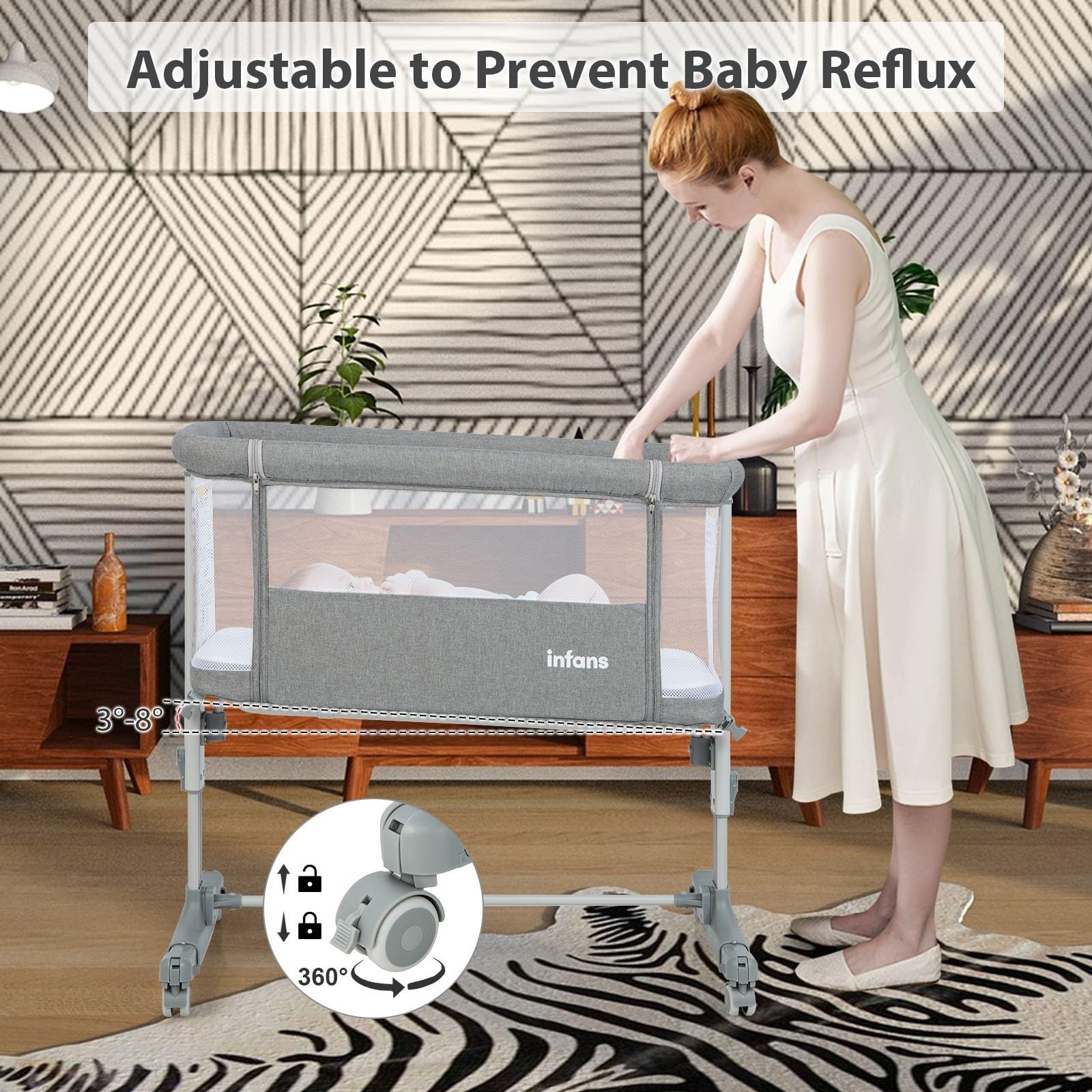 LIFEZEAL 3 in 1, culla regolabile in altezza a 5 livelli, culla con materasso, lettino da viaggio mobile su ruote con navicella, culla per bambini dalla nascita fino a 9 kg (grigio chiaro)