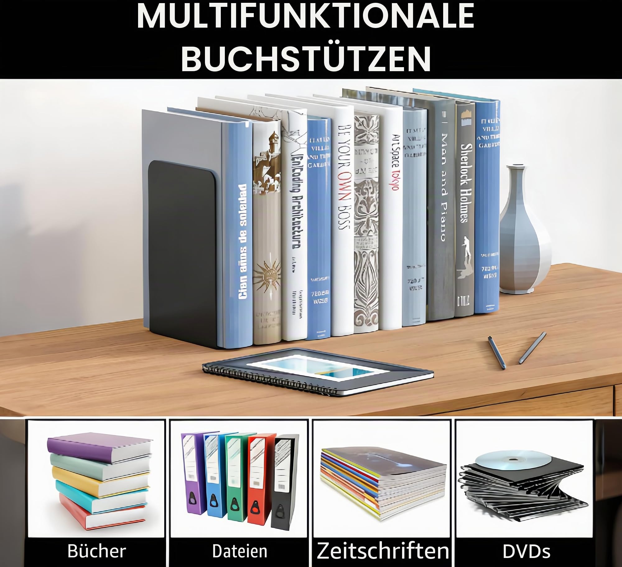 8 Stück robuste schwarze dekorative Metall-Buchstützen, Metall-Buchstützen für Regale, Trennwände, Stopper Halter mit rutschfestem Gummi-Pad für Dekoration, Zuhause, Büro, Bibliothek, Schule