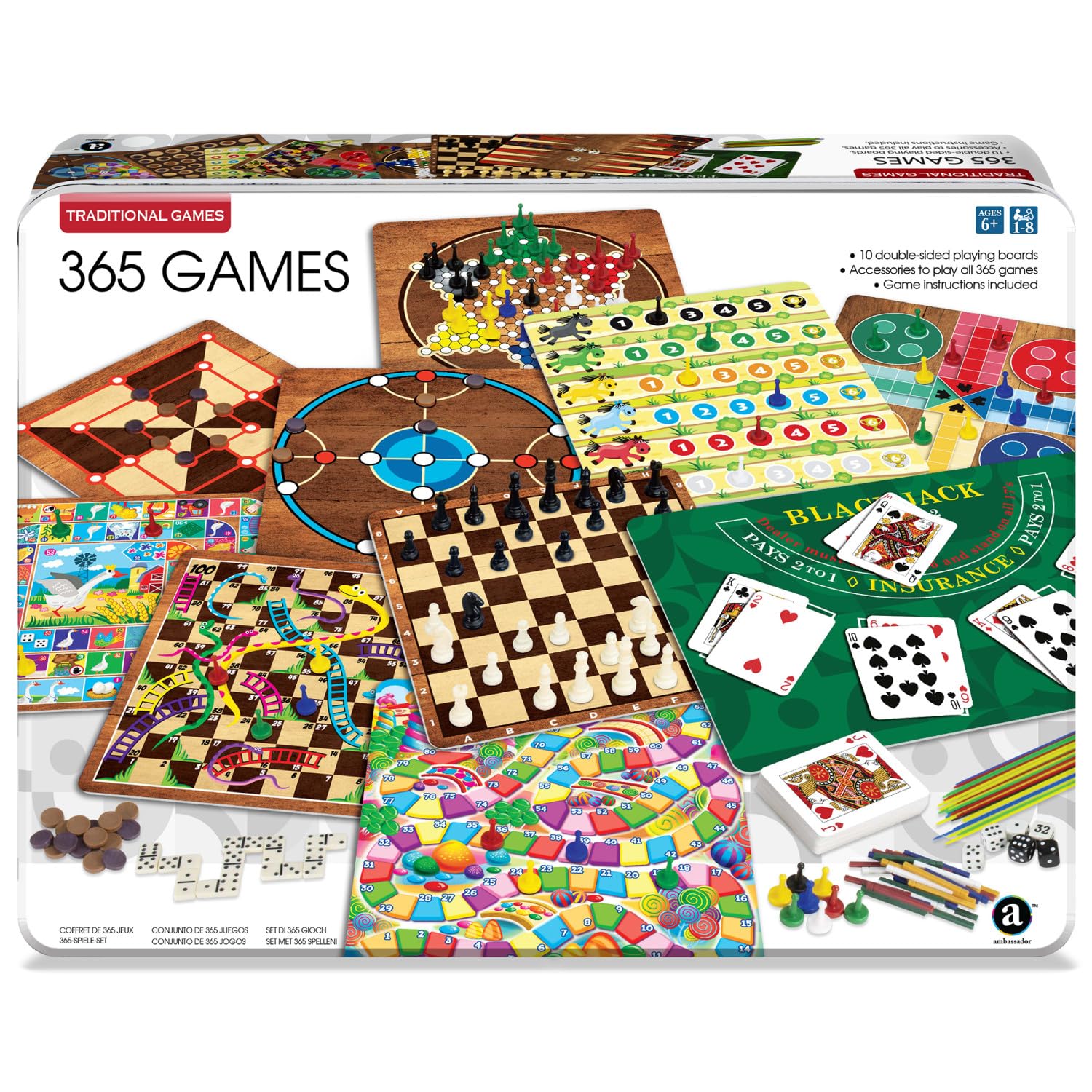 365 Games - Traditional Strategy Board & Card Games, Tin Storage Container, Game for Each Day of Year, Family, Ages 6+, 1-8 Players