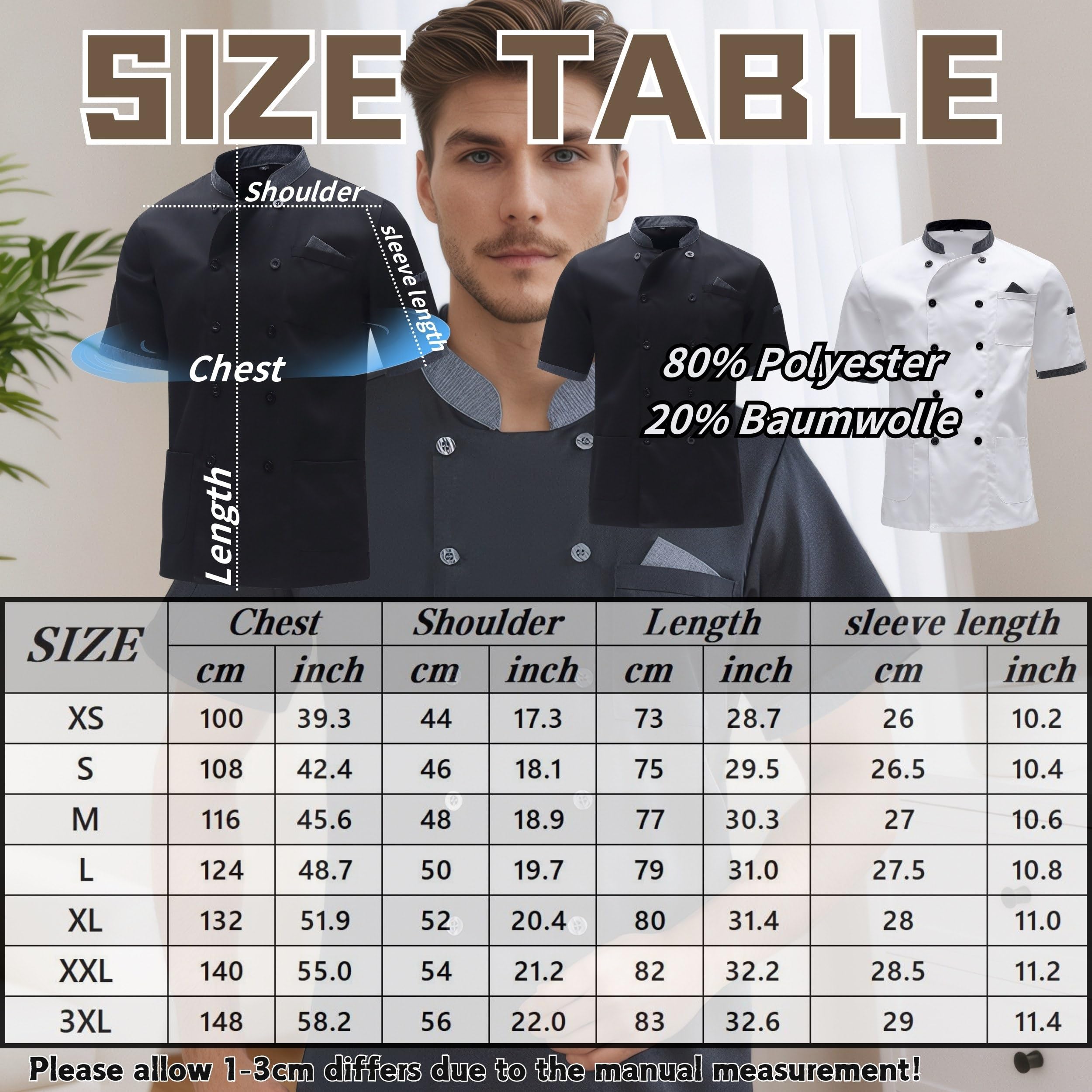 Veste de Cuisine Homme Vêtement de Chef Professionnel Veste avec Poche Cuisine Homme de Chef Cuisine à Manches Courtes Hôtel Restaurant Manteau Uniforme