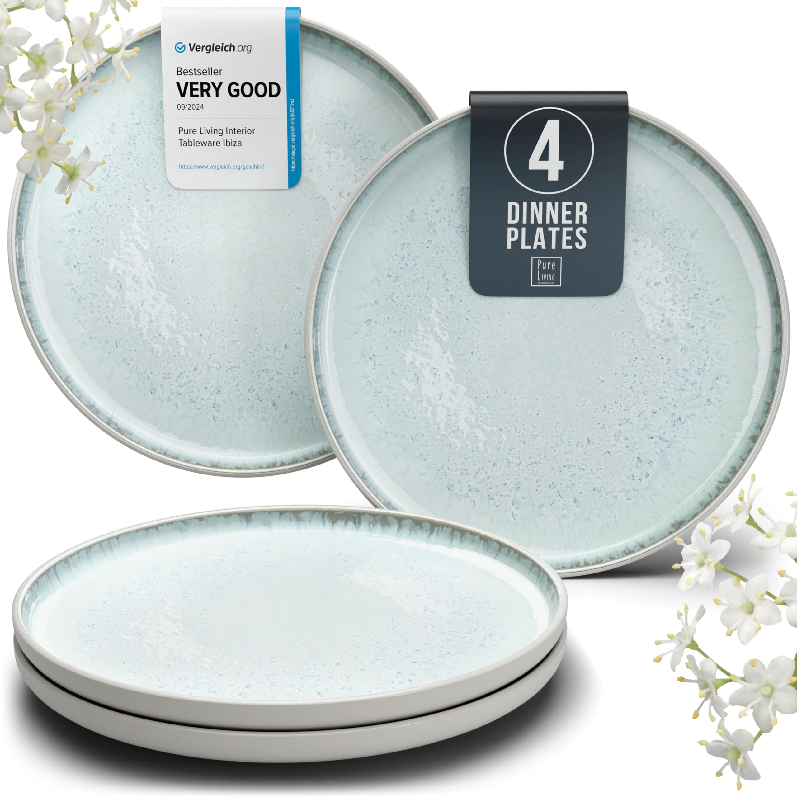 Stoneware Dinner Plates Set of 4, Modern Ibiza-Style Stoneware , 10.2" Ceramic Plates With Lipped Edges, Dishwasher, Microwave Safe Dinner Plates, Stoneware Plates, Kitchen Plates Beige Blue
