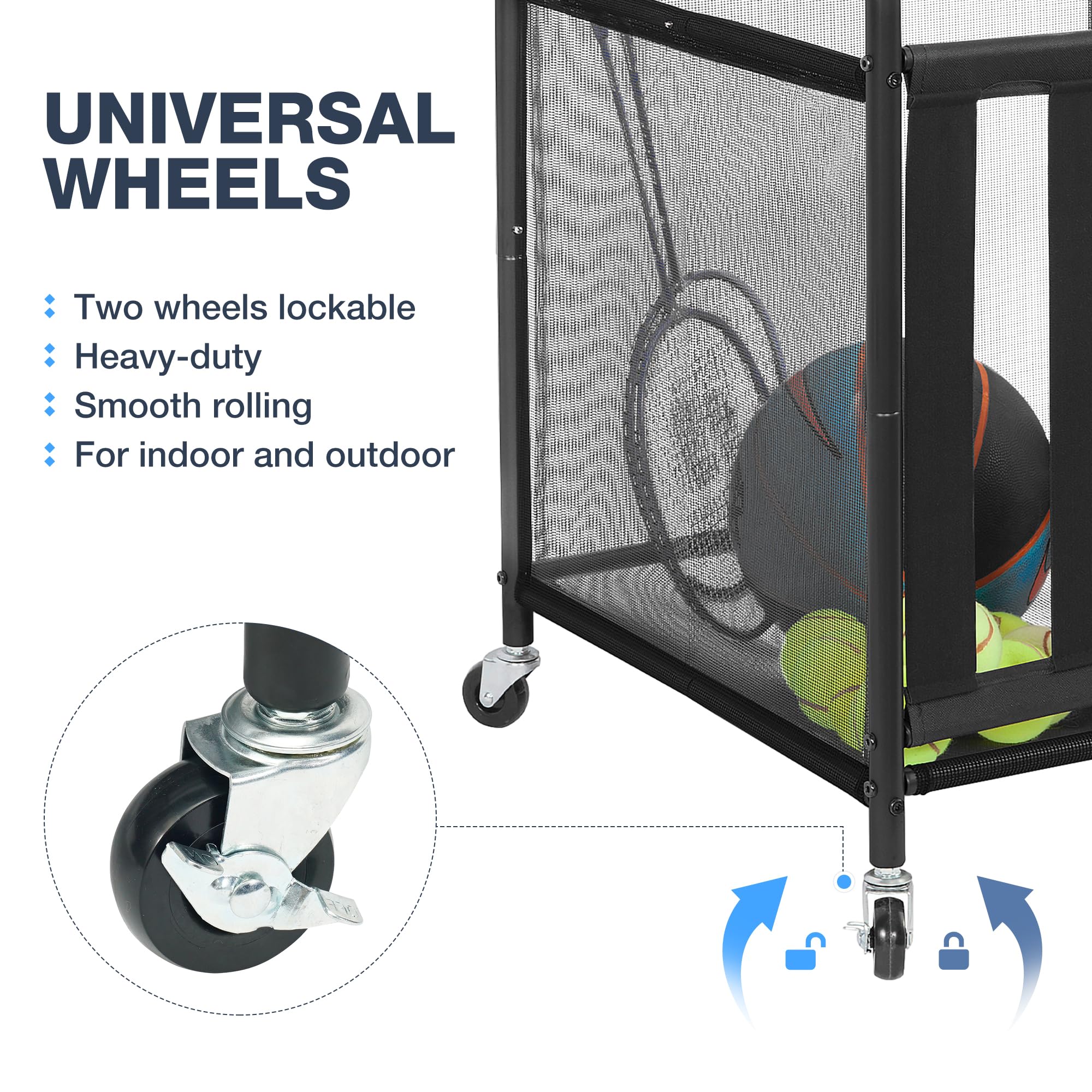 STO STO Rollender Sportball-Aufbewahrungswagen, abschließbarer Basketballkäfig mit elastischen Bändern, Sportgeräte-Halter für drinnen und draußen, Stahl-Aufbewahrungsregal für Spielplatz und