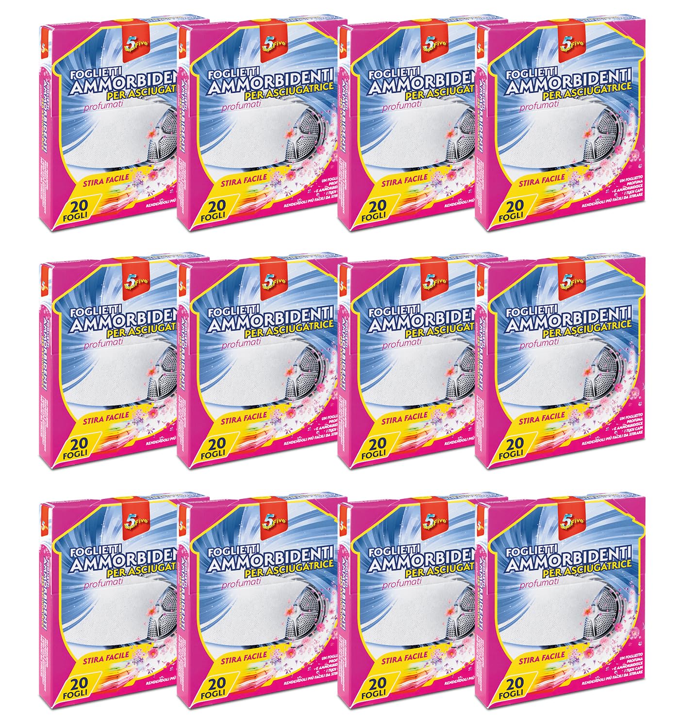 SUPERFIVE, Foglietti Ammorbidenti per Asciugatrice, Profumati e Antistatici, 20 Fogli (12 Confezioni x 20 Fogli)
