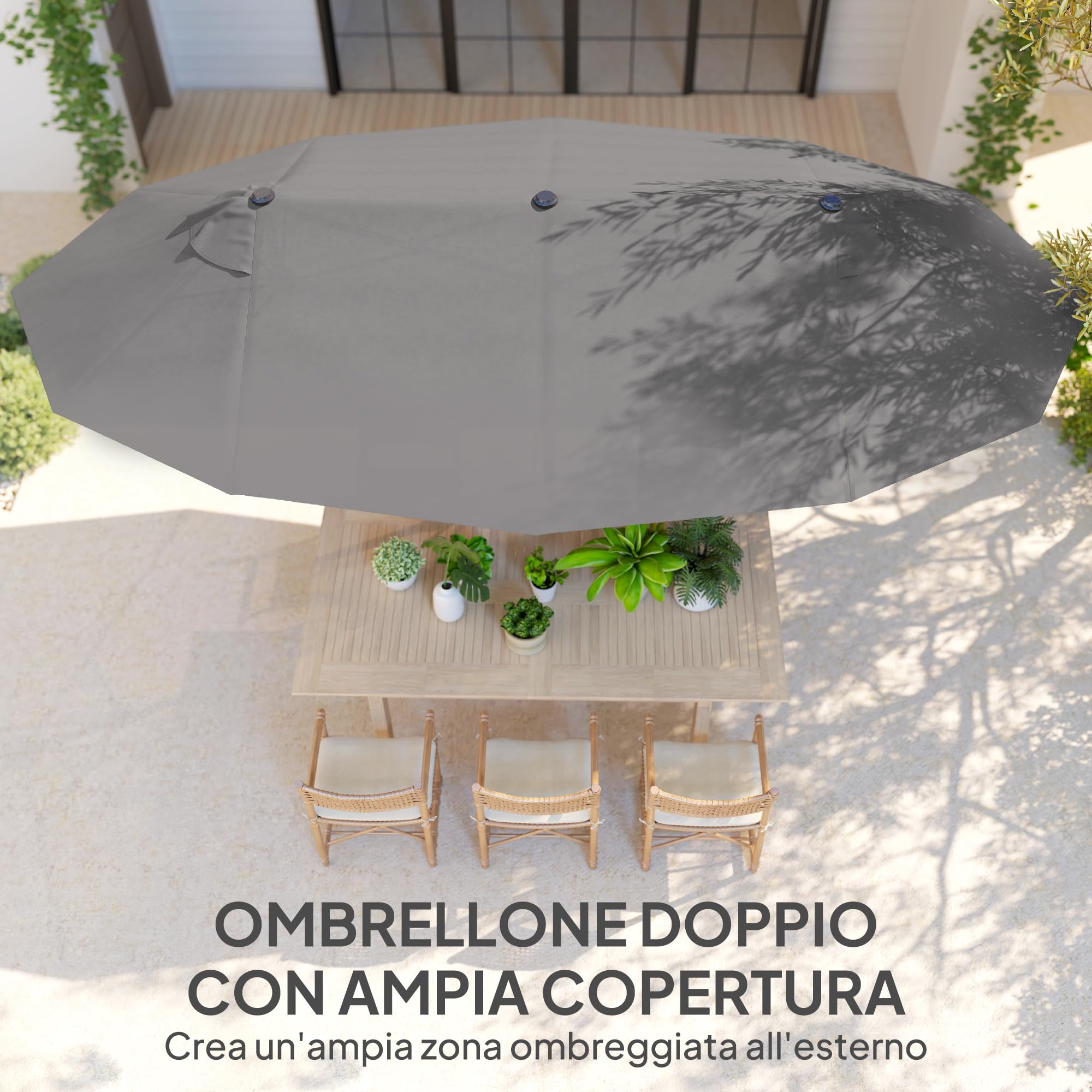 Outsunny Ombrellone Rettangolare 4.6x2.7m Con Manovella, Base E Sacchi Pesi Inclusi - Grigio - 3