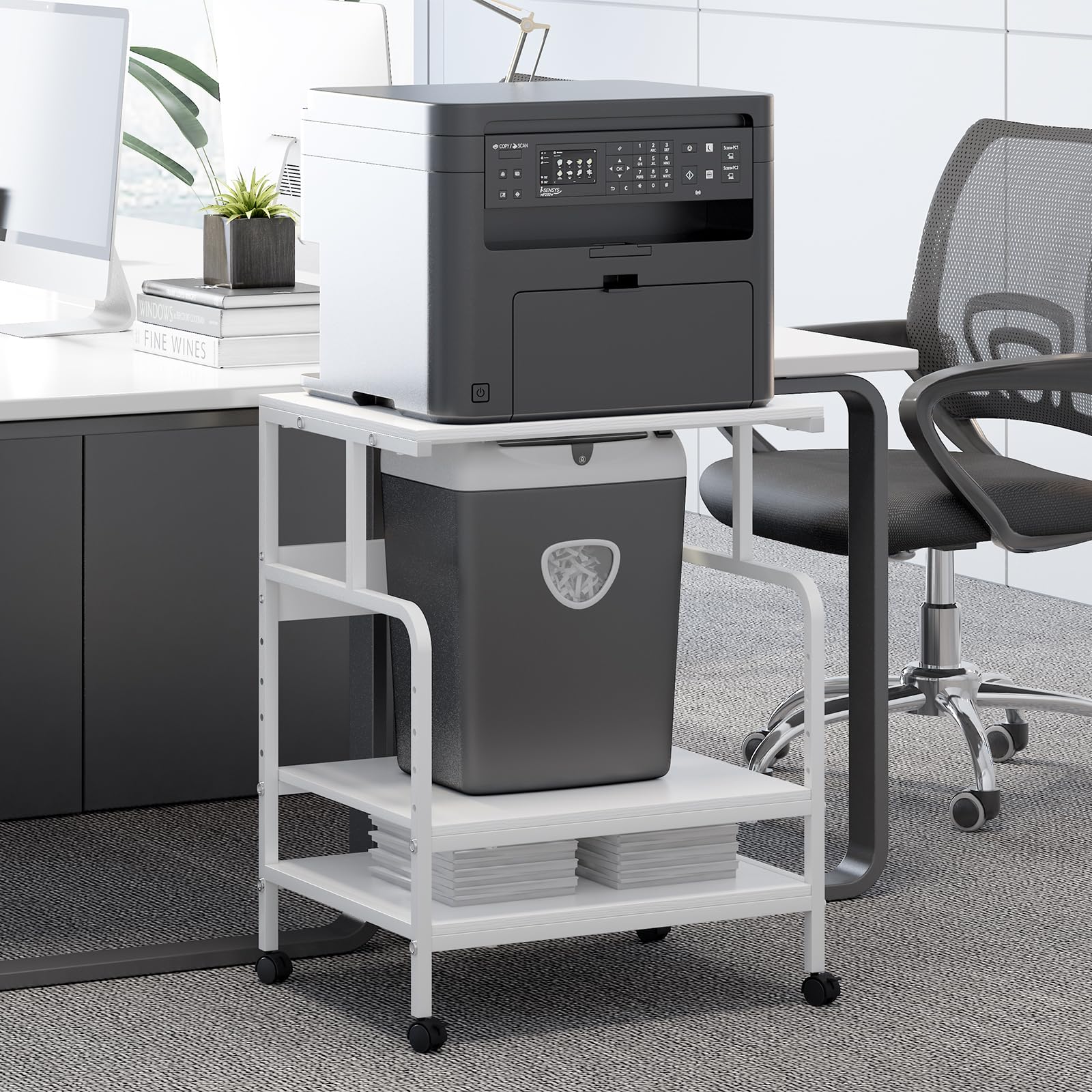 Arbuxzuy Soporte grande para impresora con estante de almacenamiento, carrito de impresora de 23.6 pulgadas de ancho x 18.9 pulgadas de profundidad con ruedas, mesa de impresora móvil de 3 niveles