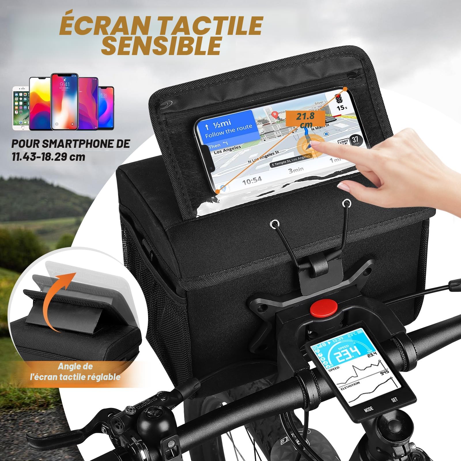 GXCROR 8L Sacoche de vélo, sacoche de guidon de vélo, sacoche de guidon, avec adaptateur de guidon, écran tactile, bandoulière, panier avant pour vélo électrique