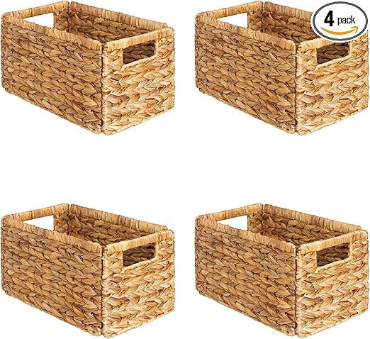 SpaceAid 4 Pack Wicker Basket, Storage Baskets for Organizing, Woven Rattan Basket with Handles for Shelves, Water Hyacinth Large Cube Organizer Storage Bin, 13x8.2x7 inch, Natural