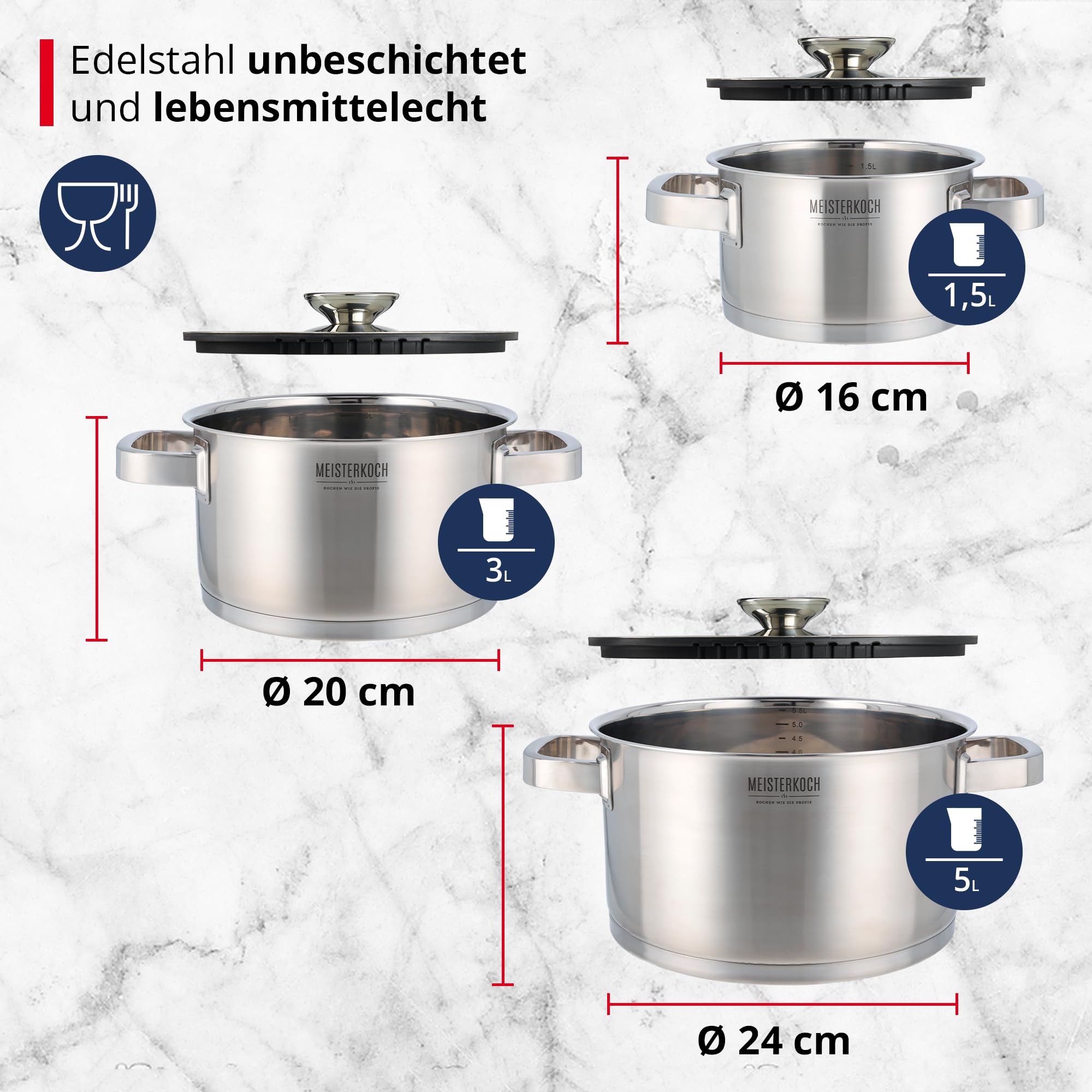 Meisterkoch Topfset Induktion Edelstahl Kochtopfset 3-teilig, Silikonring mit Sieb im Glasdeckel, Hitzeisolierende Griffe, Innenskala, spülmaschinengeeignet, für alle Herdarten